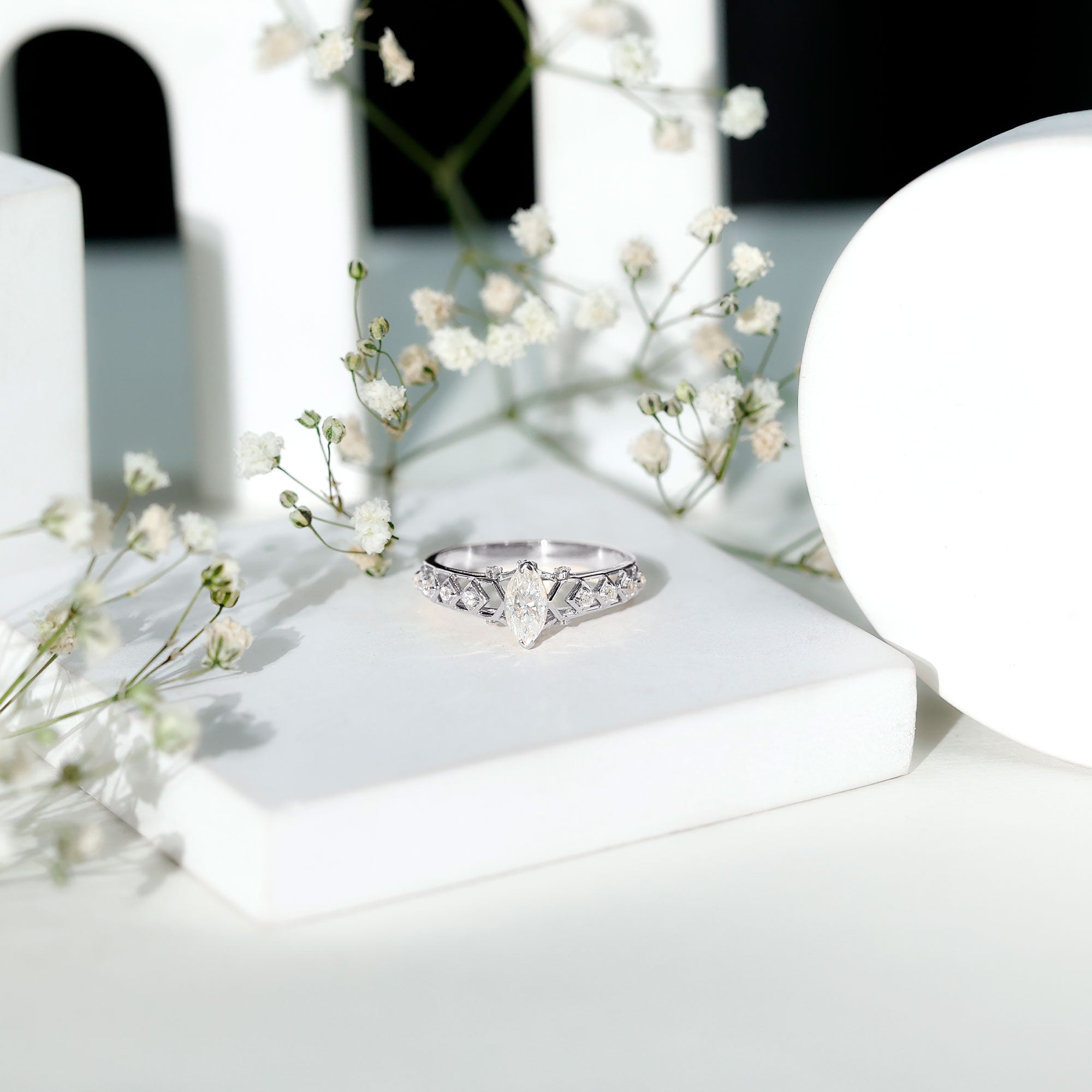 Art Deco Looking Moissanite Marquise Engagement Ring D-VS1 - Rosec Jewels