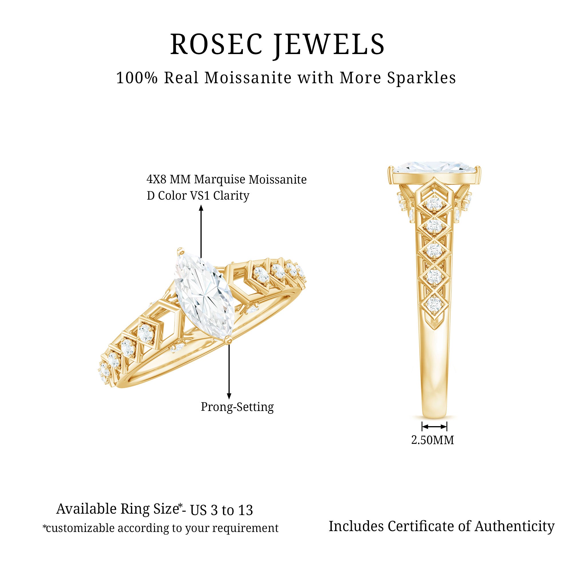 Art Deco Looking Moissanite Marquise Engagement Ring D-VS1 - Rosec Jewels