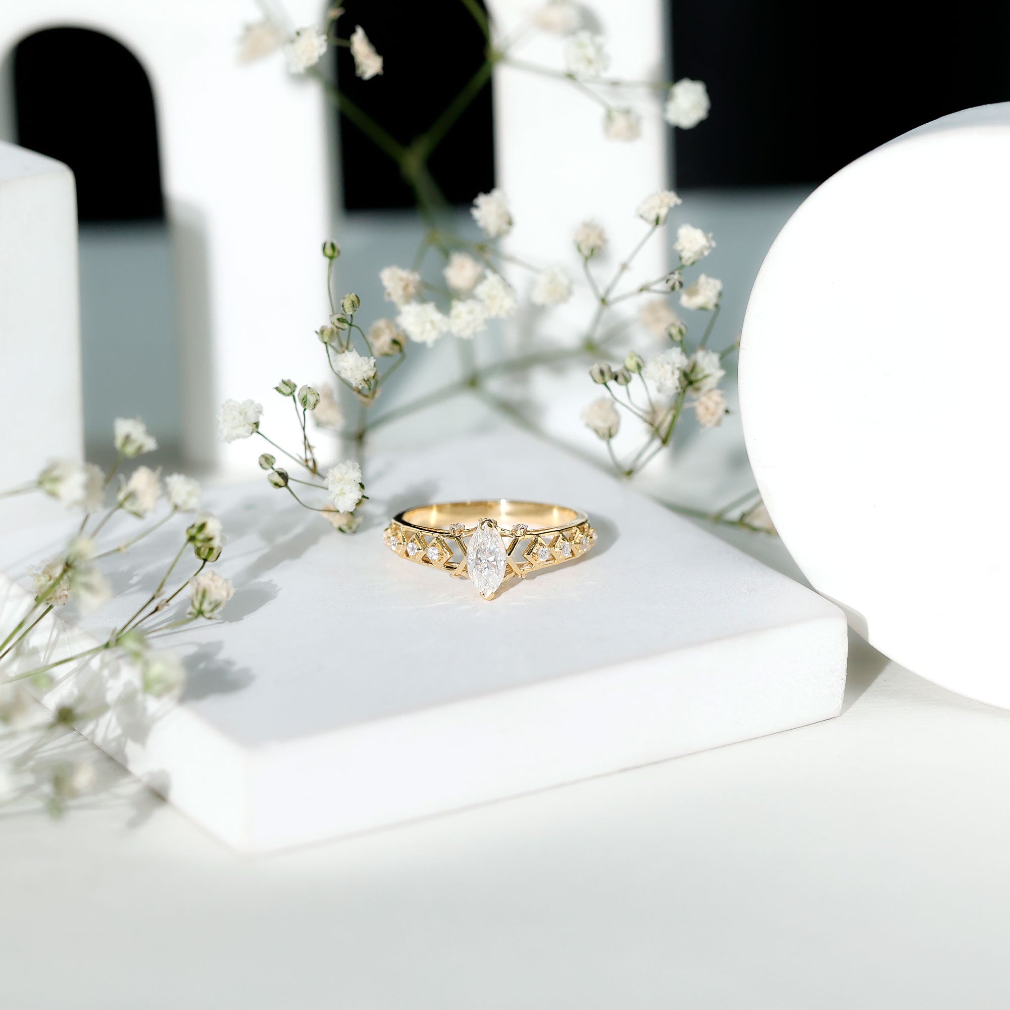 Art Deco Looking Moissanite Marquise Engagement Ring D-VS1 - Rosec Jewels