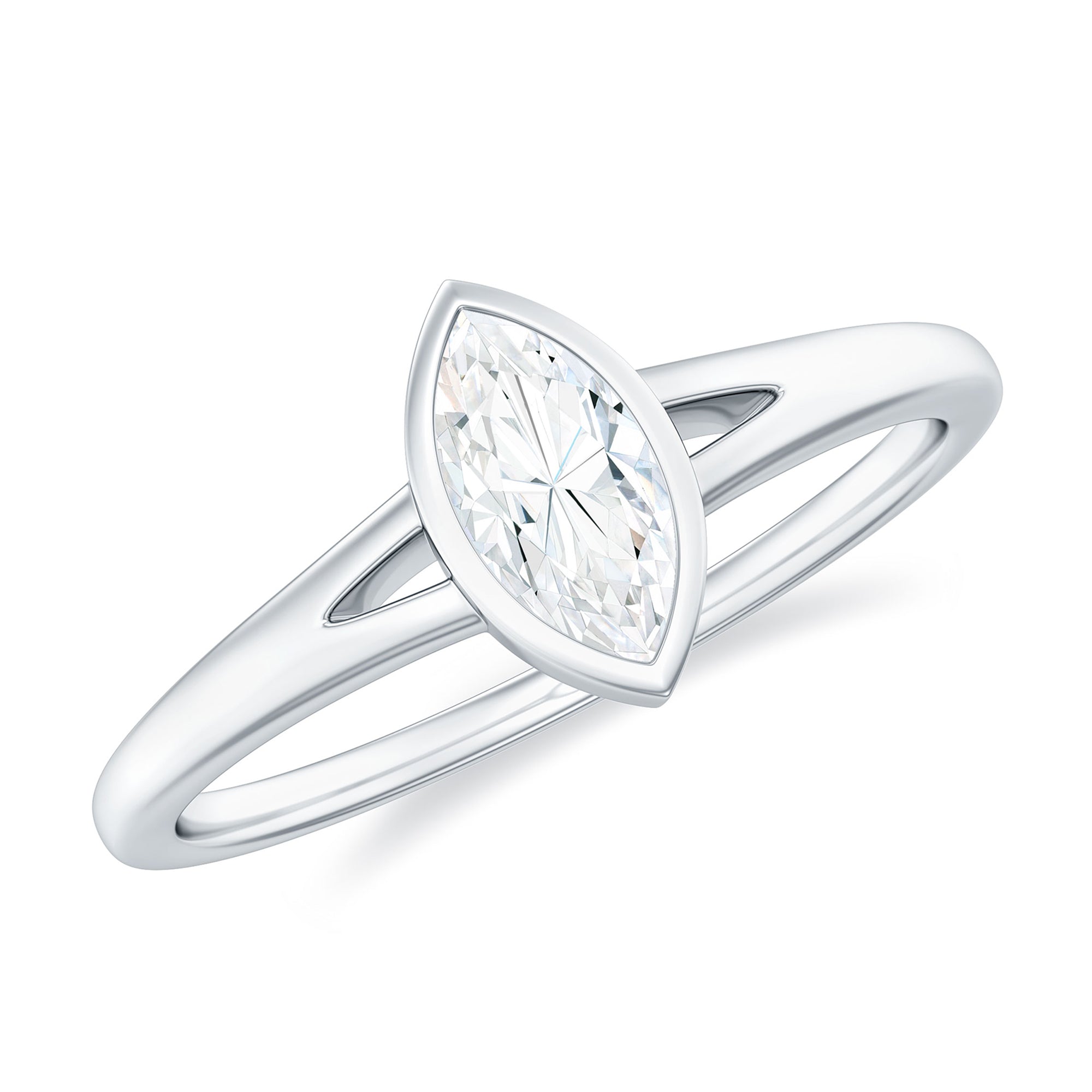 Bezel Set Moissanite Marquise Engagement Ring in Split Shank D-VS1 - Rosec Jewels