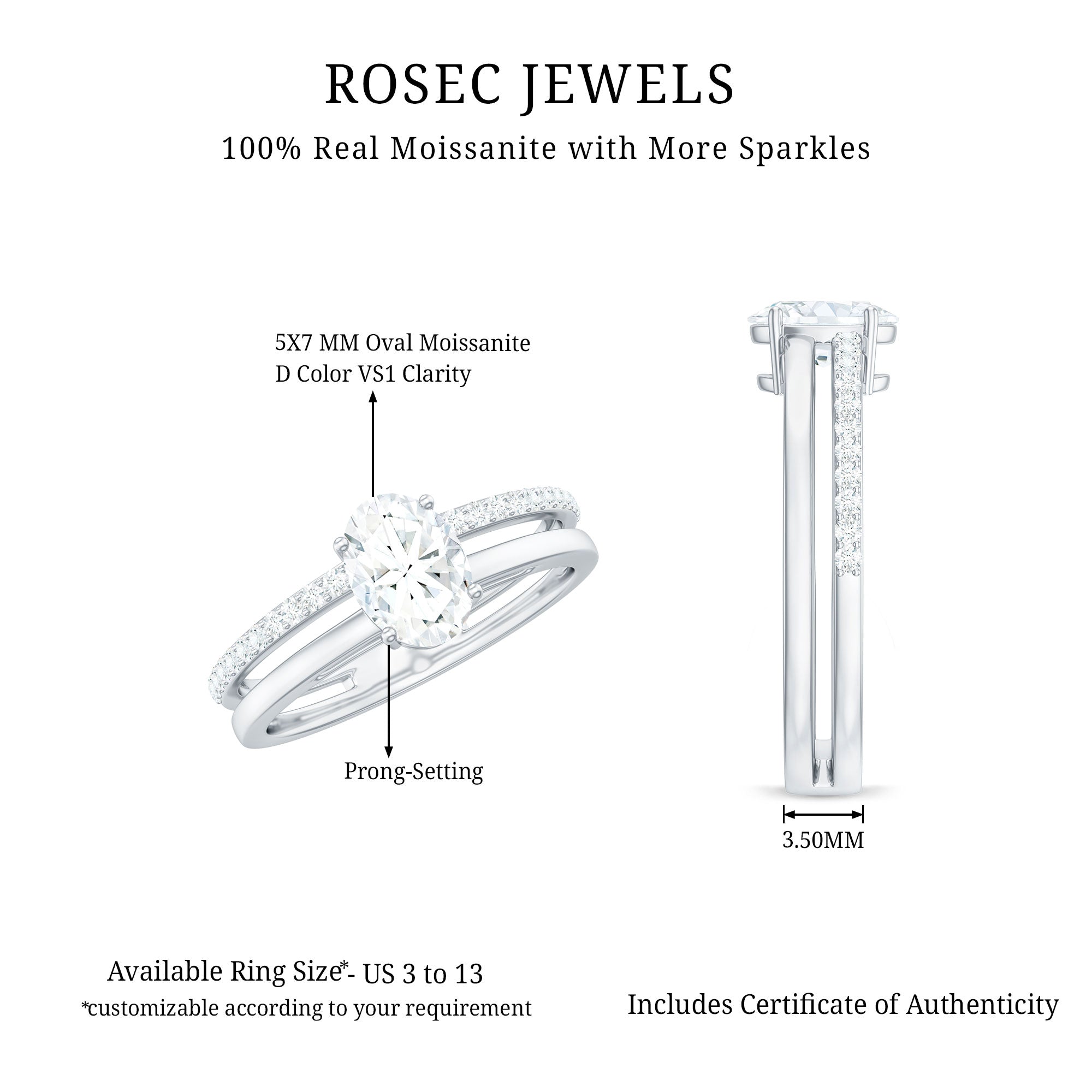 Oval Cut Solitaire Moissanite Double Band Engagement Ring D-VS1 - Rosec Jewels