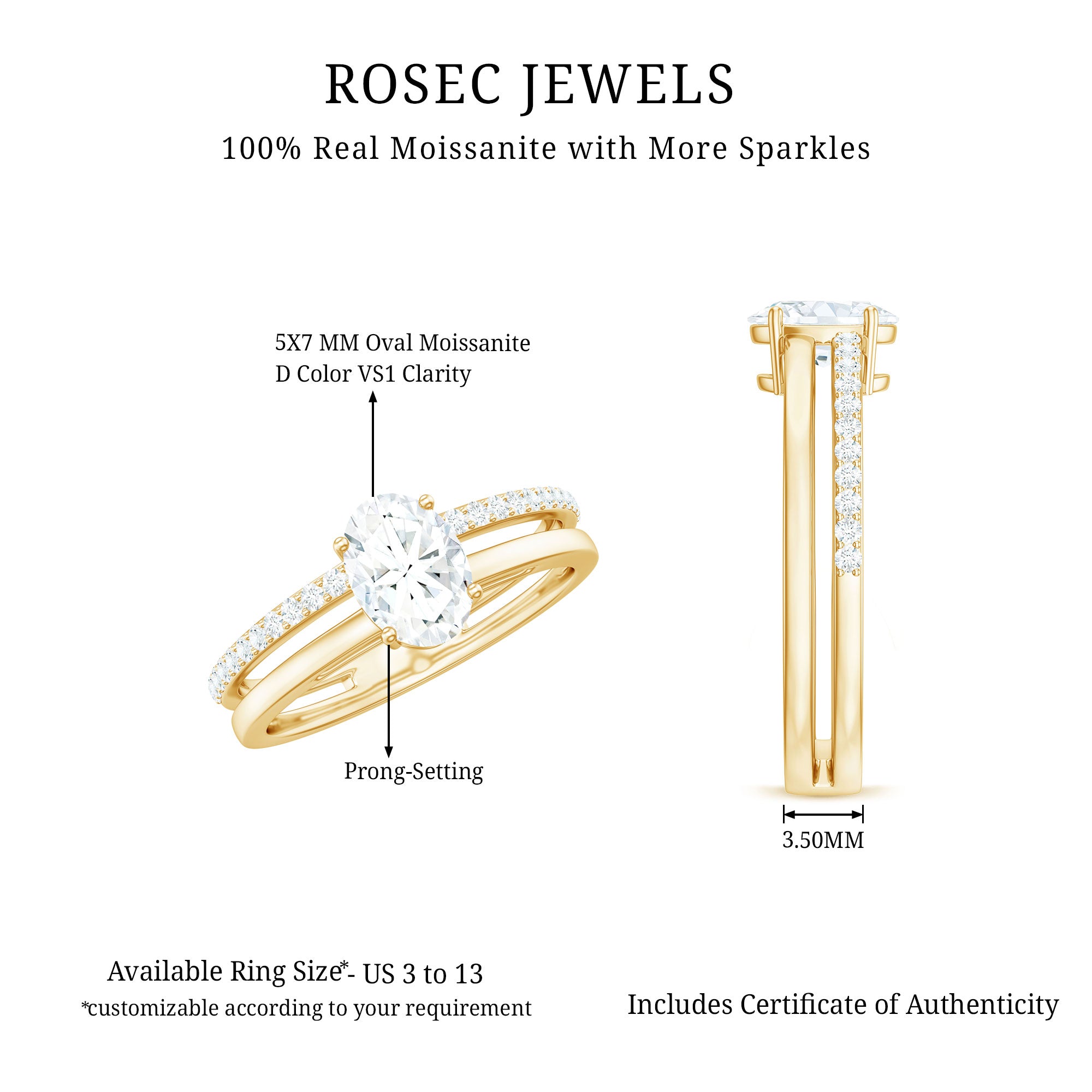 Oval Cut Solitaire Moissanite Double Band Engagement Ring D-VS1 - Rosec Jewels