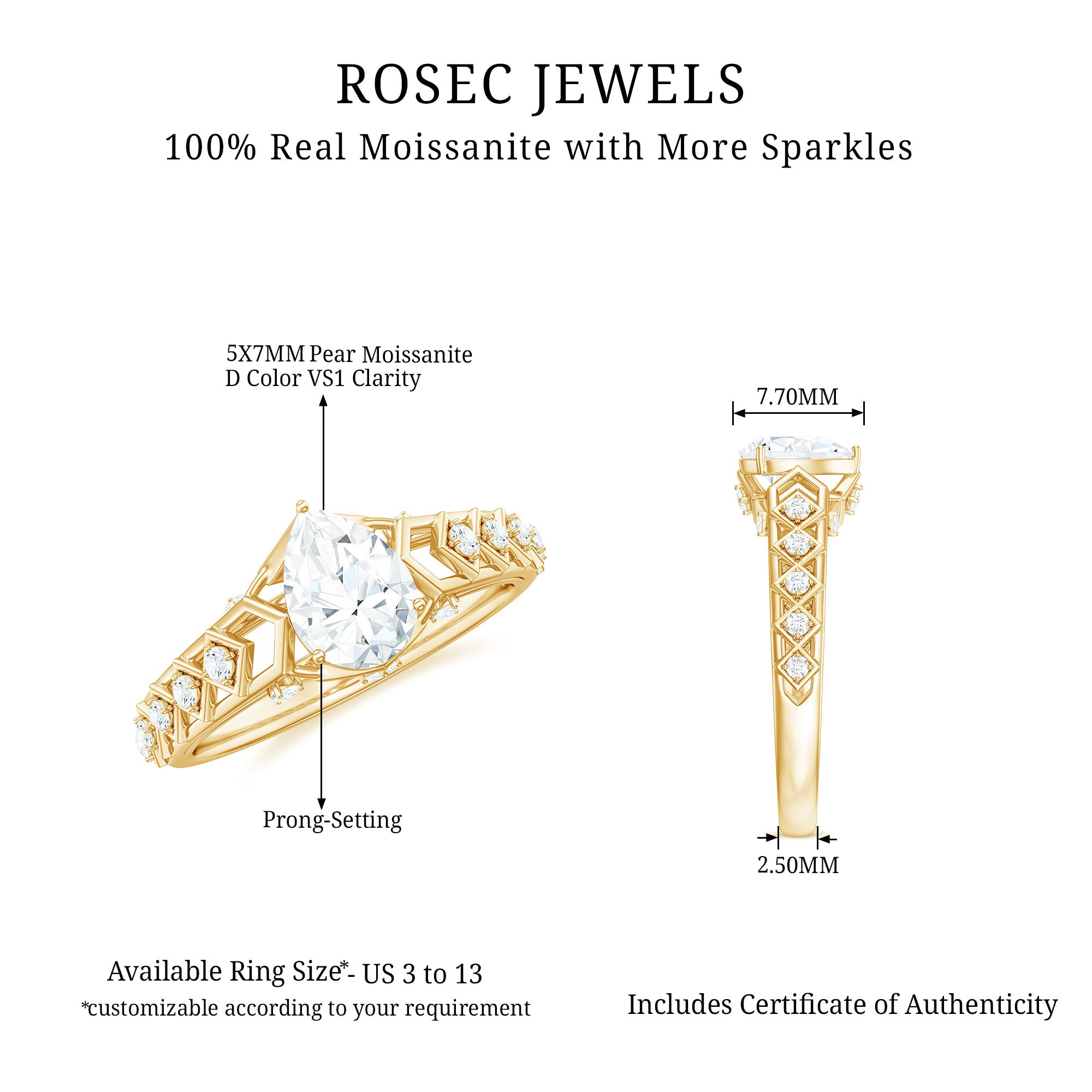 Art Deco Inspired Brilliant Cut Moissanite Solitaire Engagement Ring D-VS1 - Rosec Jewels