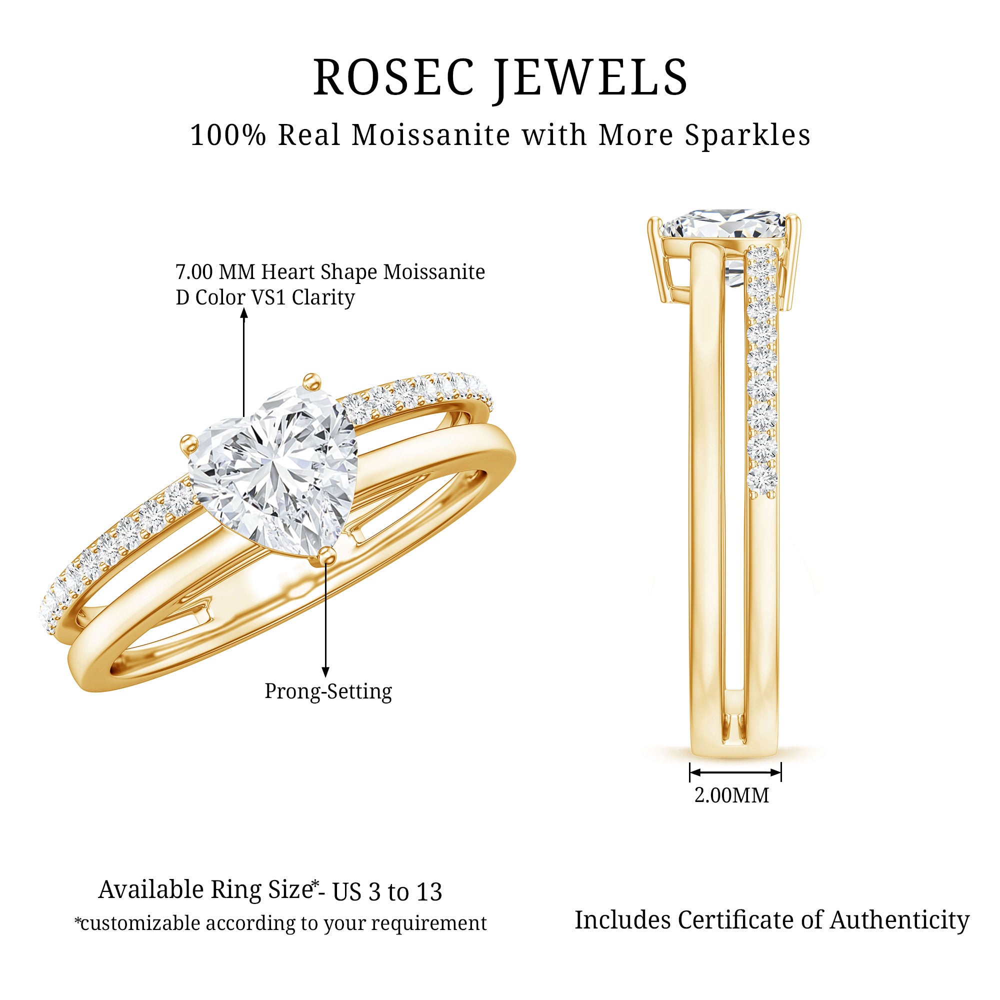 1.5 Carat Heart Shape Moissanite Double Band Engagement Ring D-VS1 - Rosec Jewels