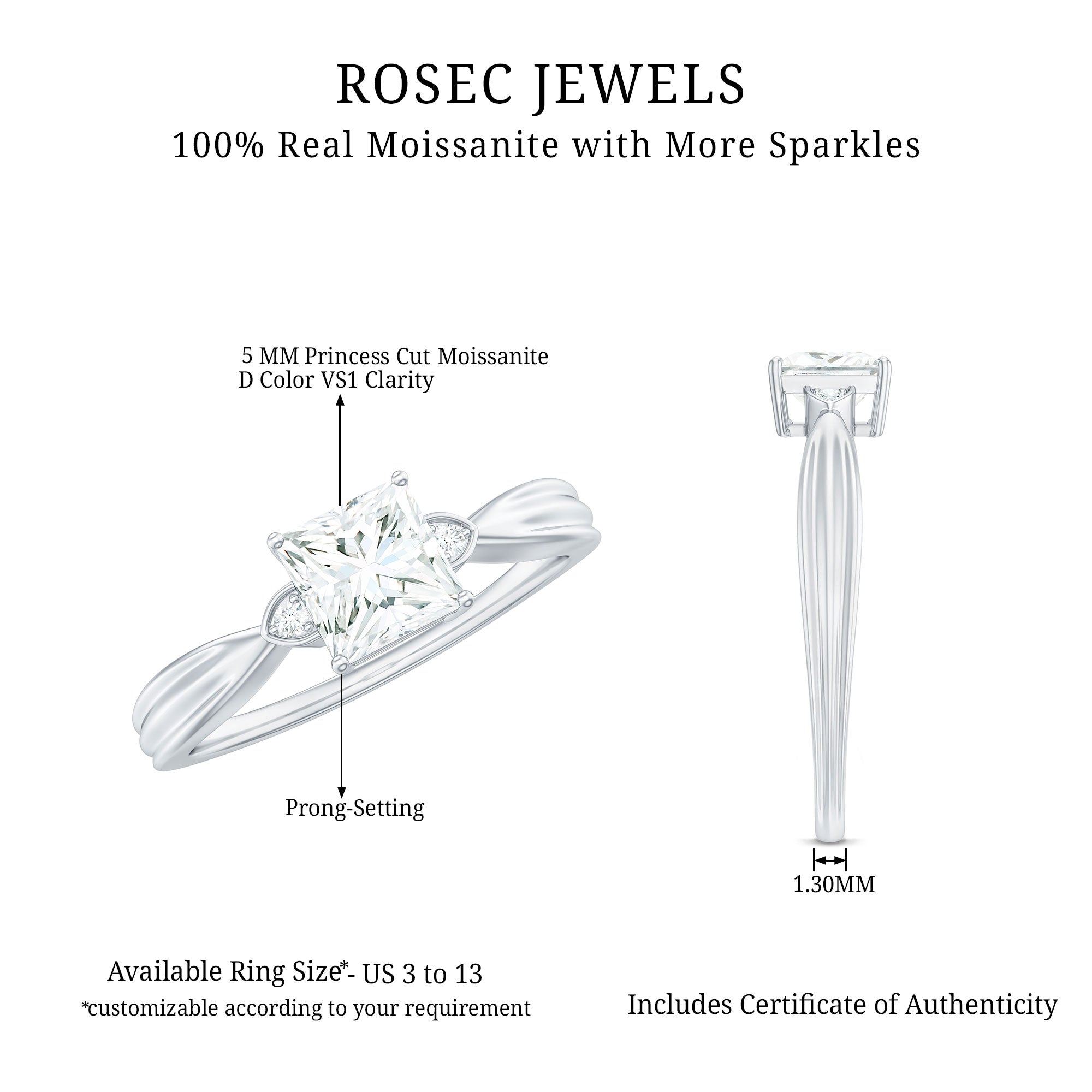 5MM Princess Cut Moissanite Solitaire Promise Ring for Her D-VS1 - Rosec Jewels