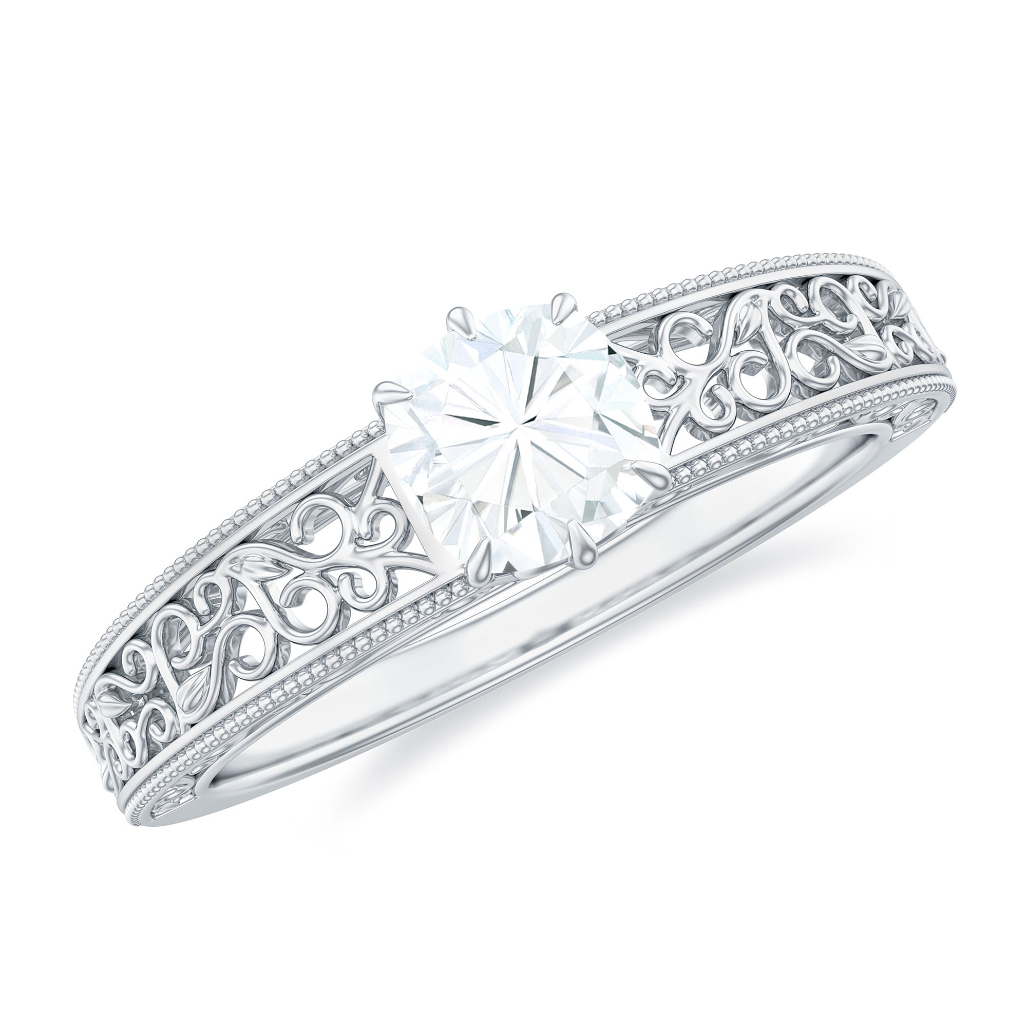 Cushion Cut Solitaire Moissanite Engagement Ring with Filigree Detail