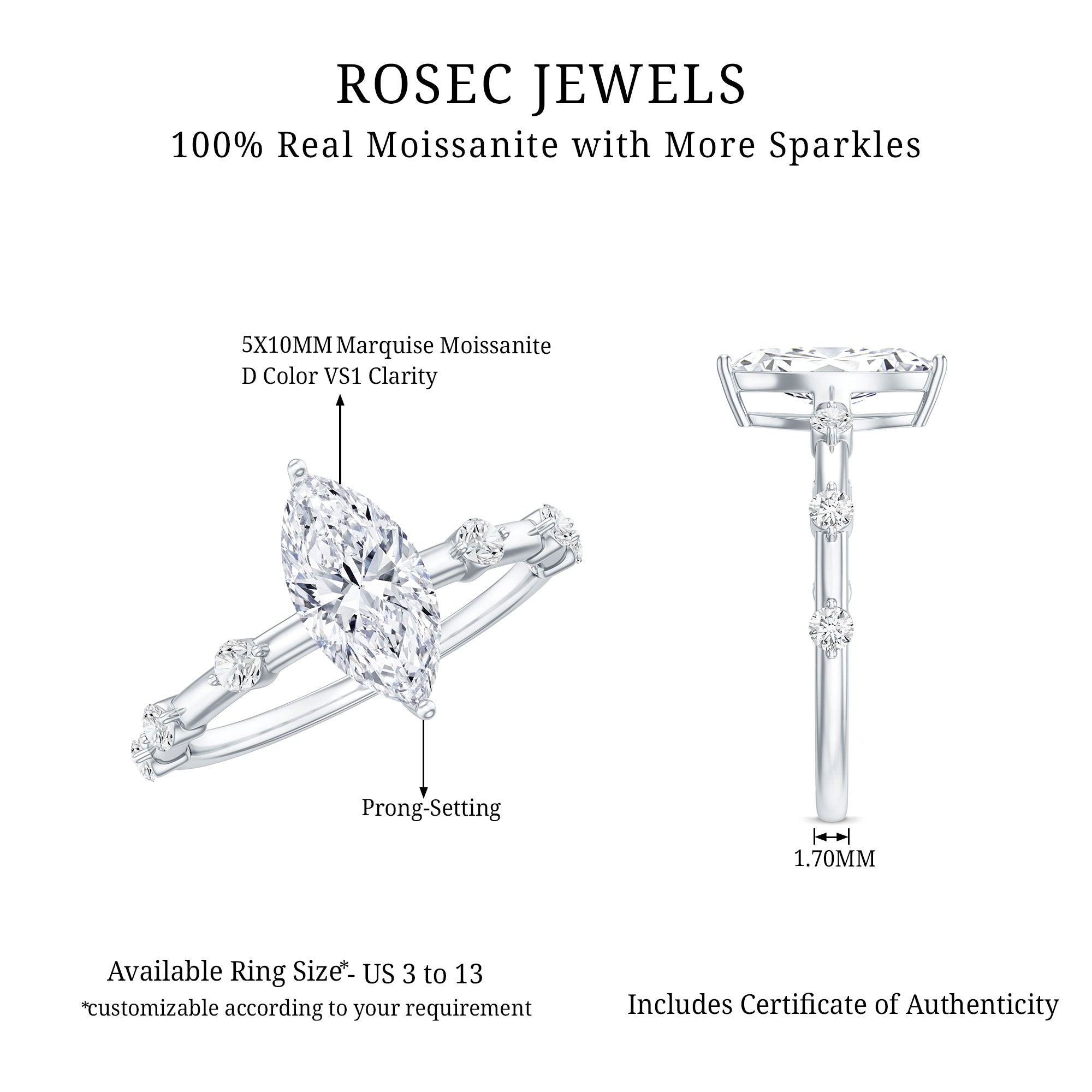 Large Marquise Cut Moissanite Solitaire Engagement Ring D-VS1 - Rosec Jewels