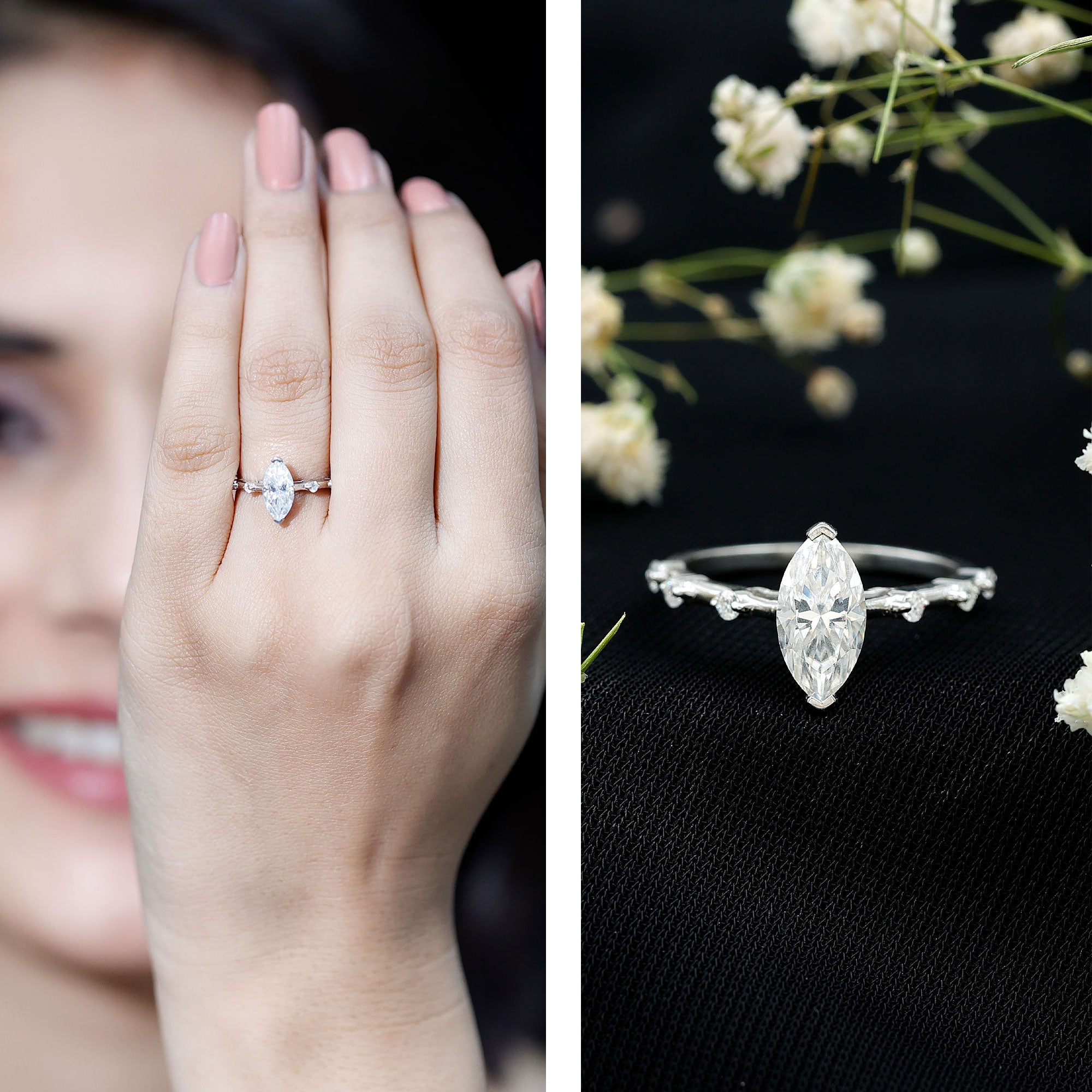 Large Marquise Cut Moissanite Solitaire Engagement Ring D-VS1 - Rosec Jewels