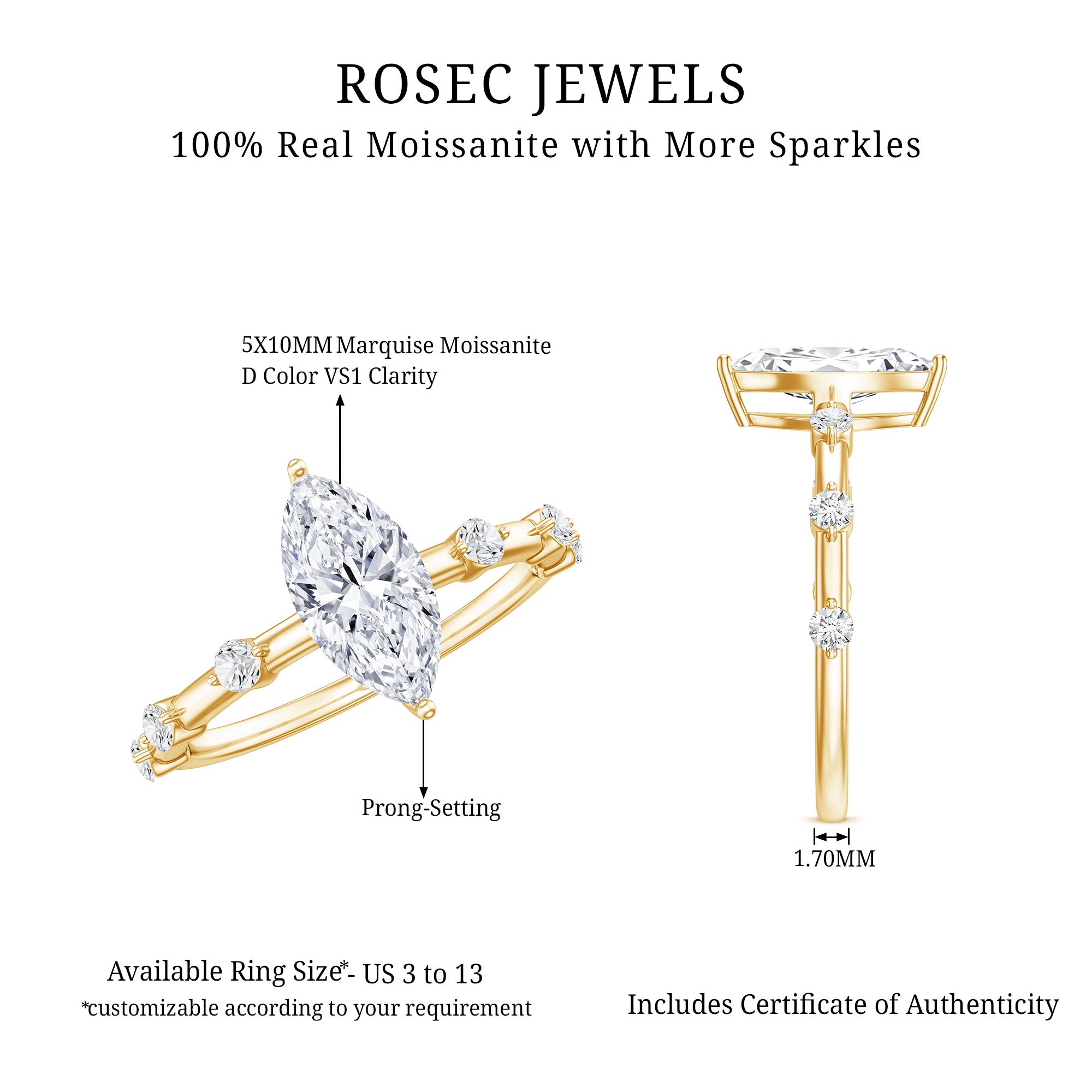 Large Marquise Cut Moissanite Solitaire Engagement Ring D-VS1 - Rosec Jewels