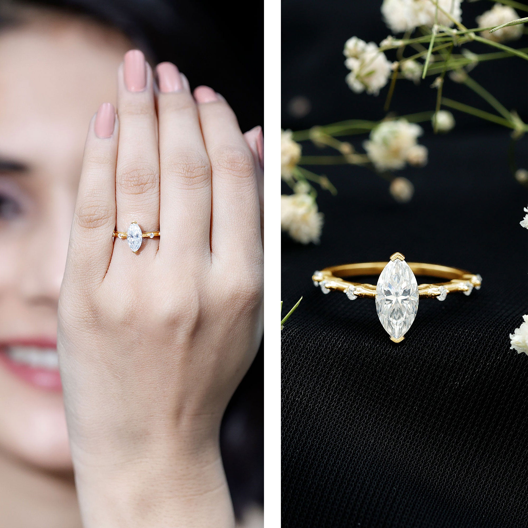 Large Marquise Cut Moissanite Solitaire Engagement Ring D-VS1 - Rosec Jewels