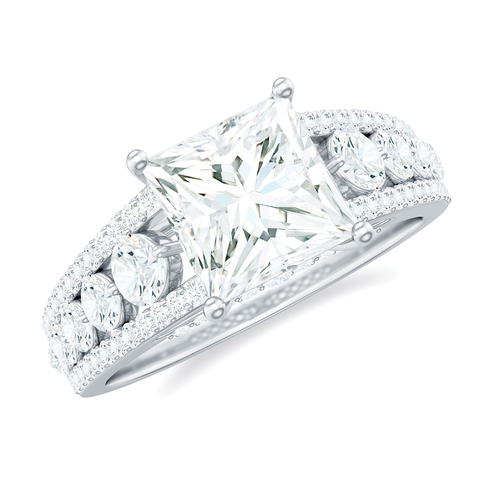 Princess Cut Moissanite Engagement Ring with Side Stones D-VS1 - Rosec Jewels