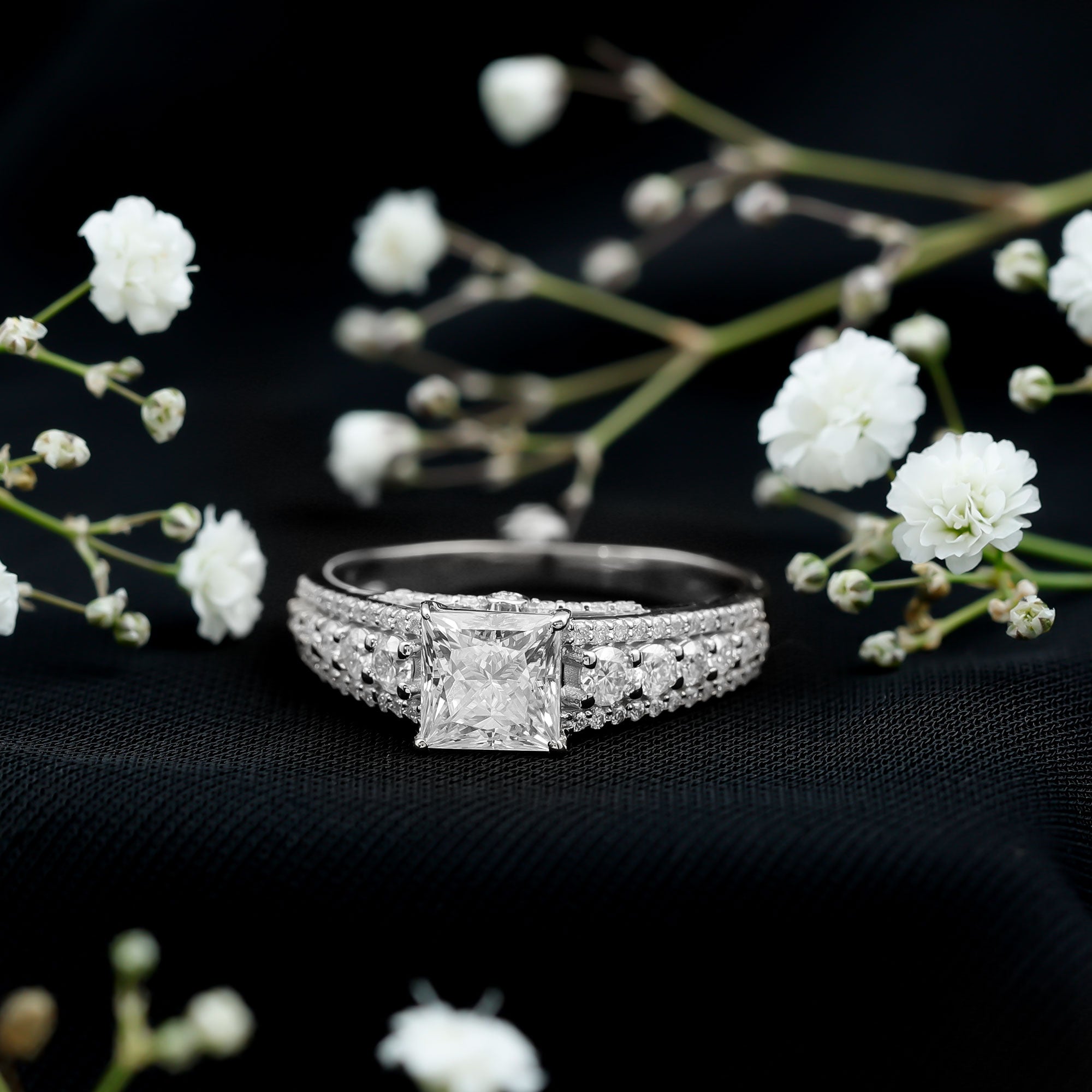 Princess Cut Moissanite Engagement Ring with Side Stones D-VS1 - Rosec Jewels
