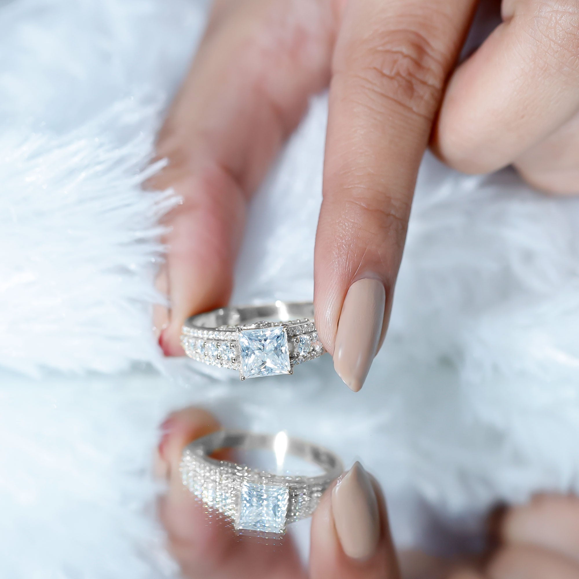 Princess Cut Moissanite Engagement Ring with Side Stones D-VS1 - Rosec Jewels