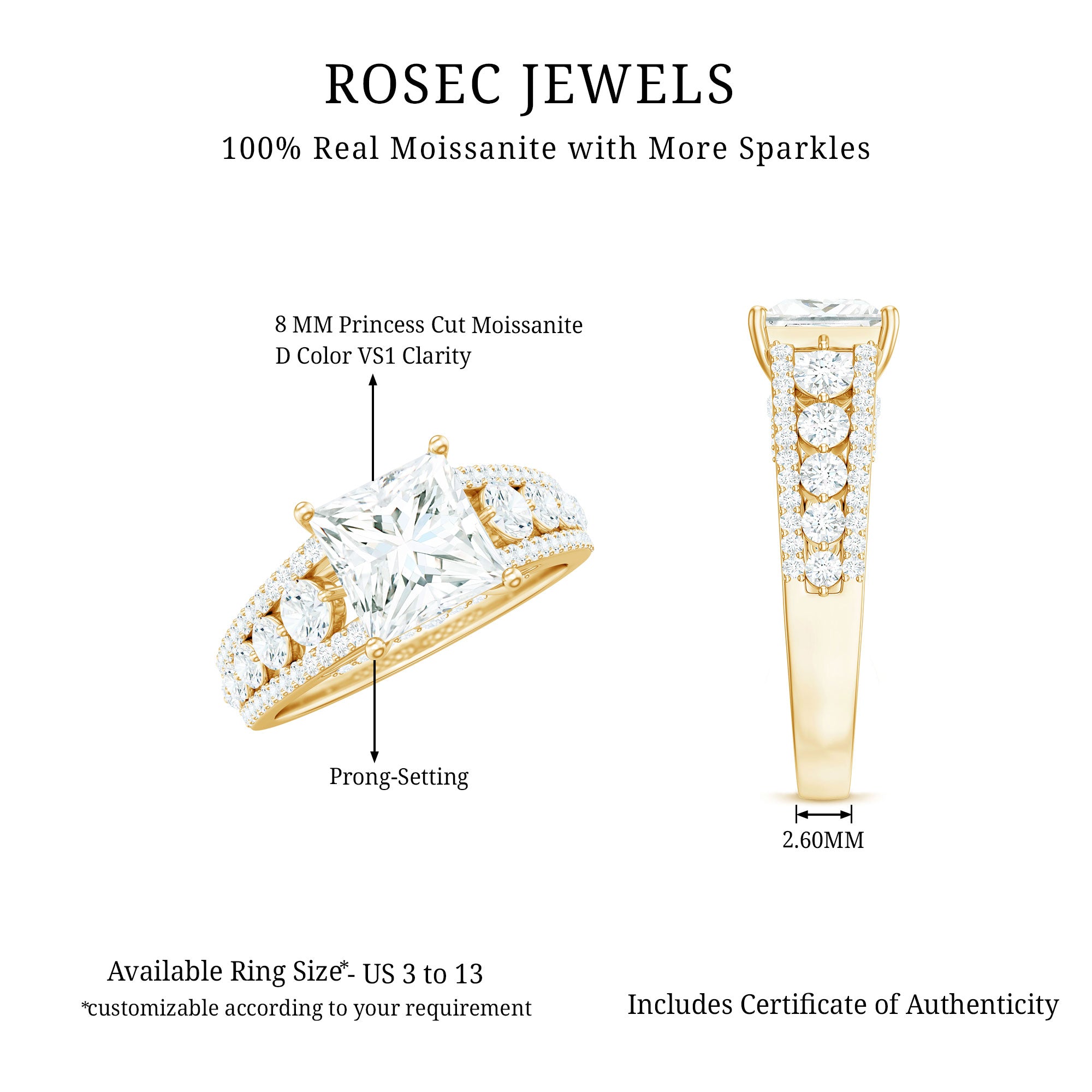 Princess Cut Moissanite Engagement Ring with Side Stones D-VS1 - Rosec Jewels