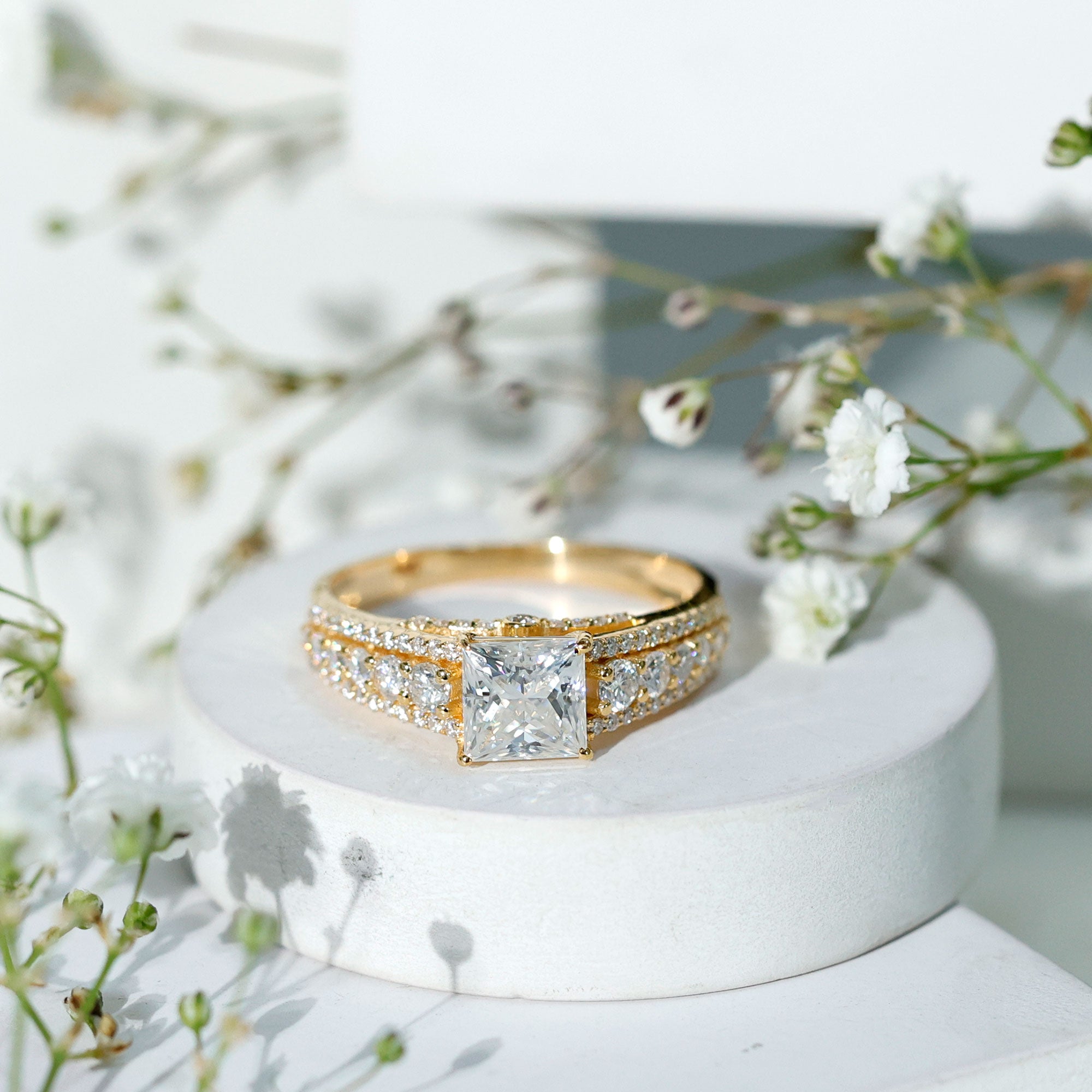 Princess Cut Moissanite Engagement Ring with Side Stones D-VS1 - Rosec Jewels