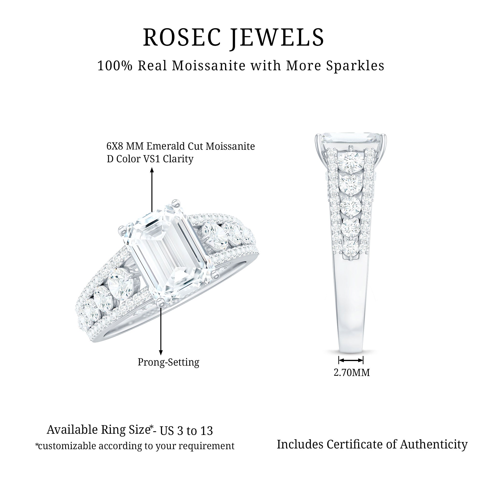 Certified Emerald Cut Moissanite Solitaire Engagement Ring for Women D-VS1 - Rosec Jewels