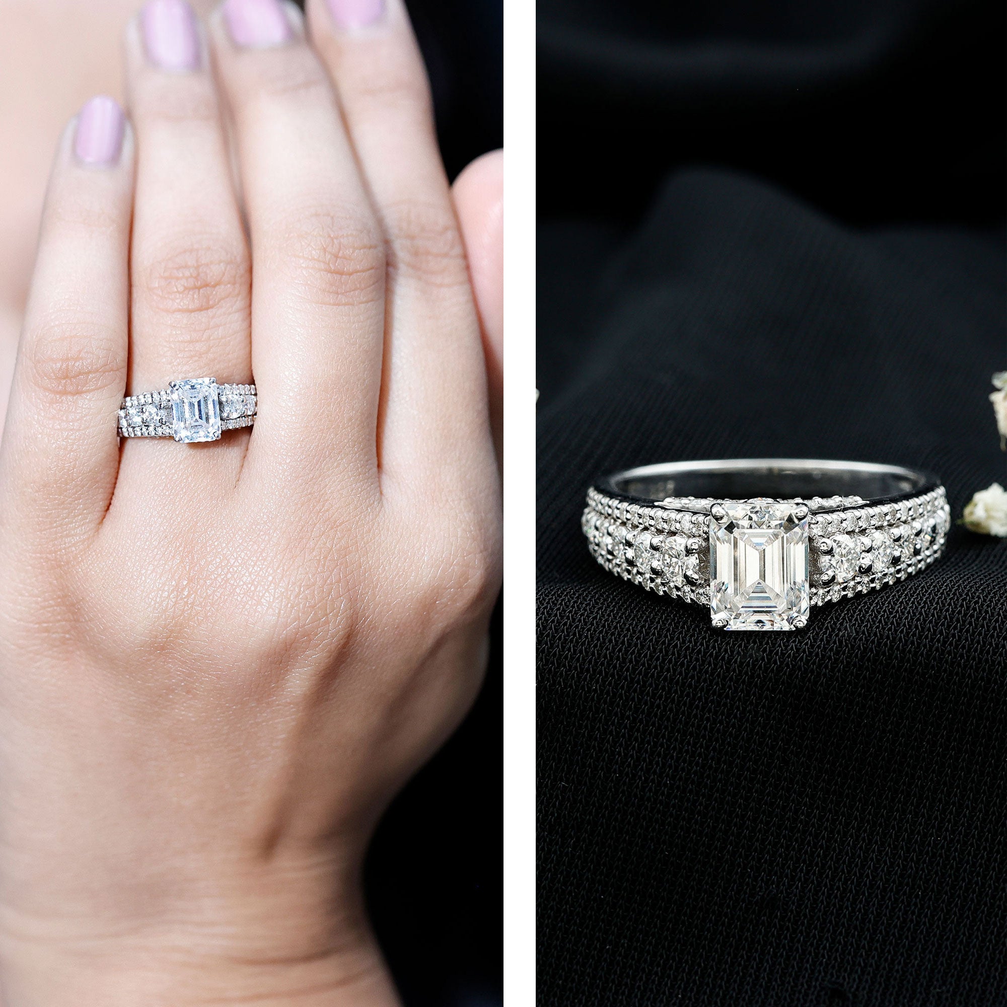 Certified Emerald Cut Moissanite Solitaire Engagement Ring for Women D-VS1 - Rosec Jewels