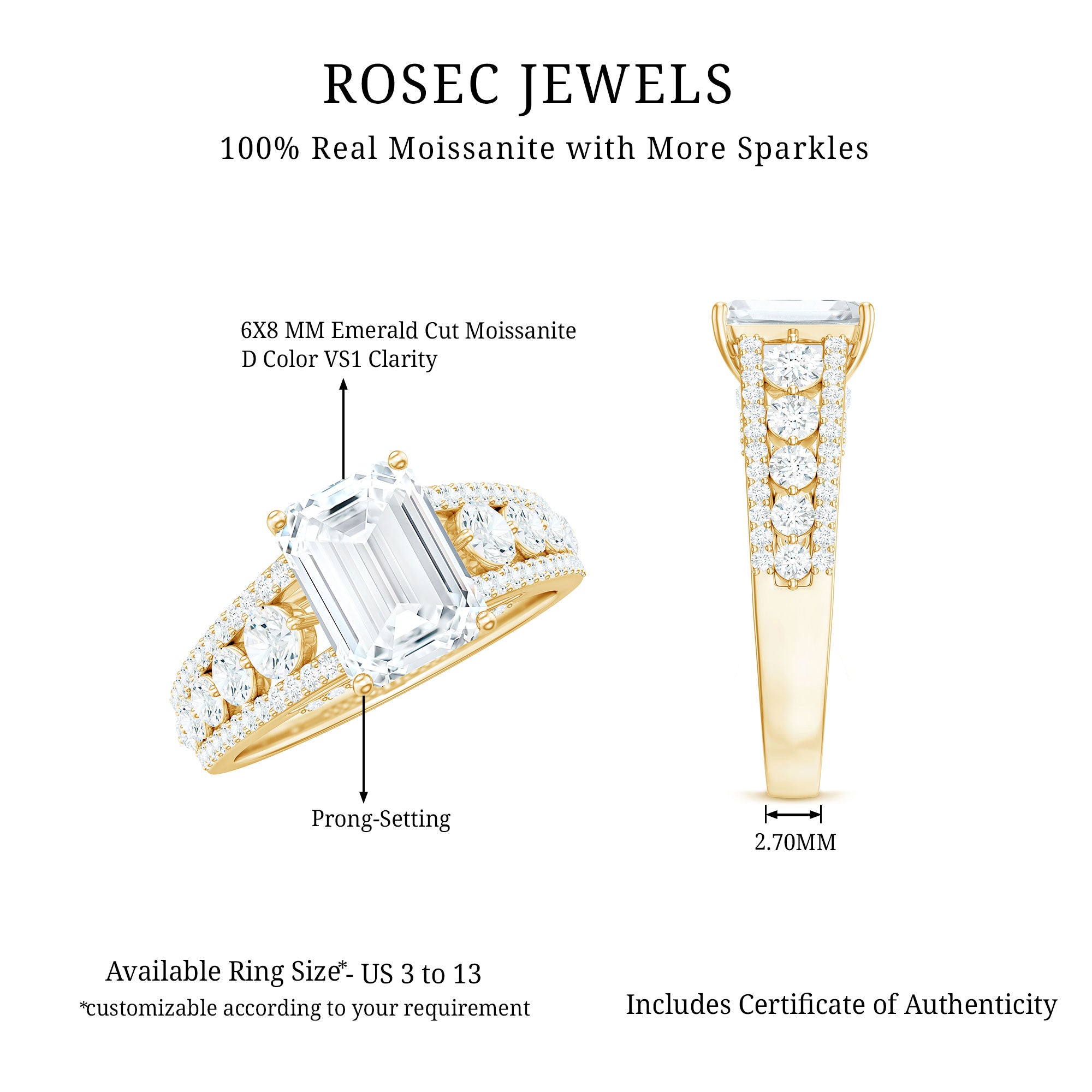Certified Emerald Cut Moissanite Solitaire Engagement Ring for Women D-VS1 - Rosec Jewels
