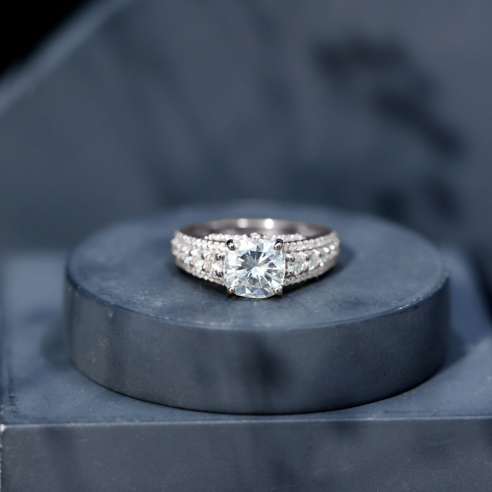 8 MM Cushion Cut Moissanite Engagement Ring with Side Stones D-VS1 - Rosec Jewels