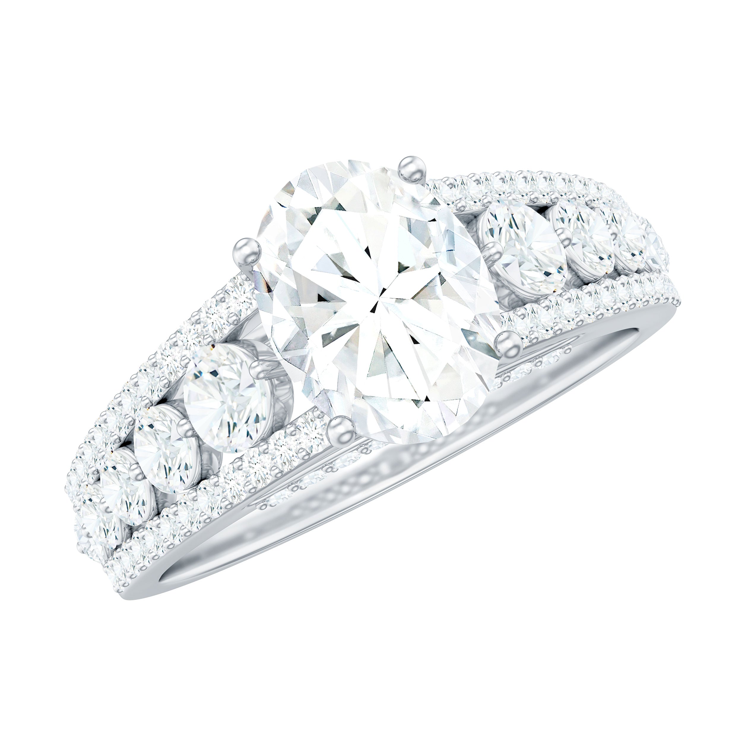 Certified Moissanite Oval Engagement Ring with Side Stones D-VS1 - Rosec Jewels