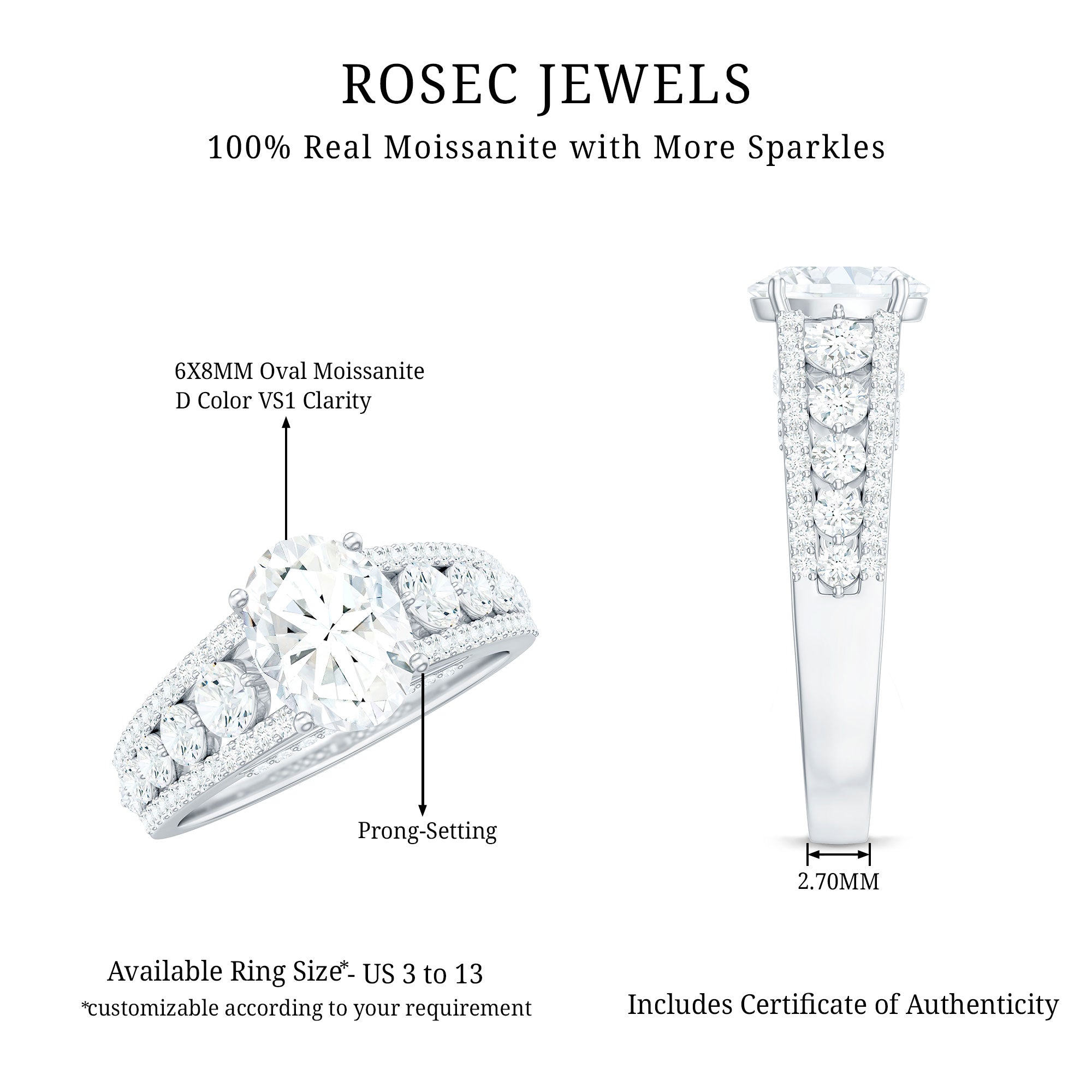 Certified Moissanite Oval Engagement Ring with Side Stones D-VS1 - Rosec Jewels