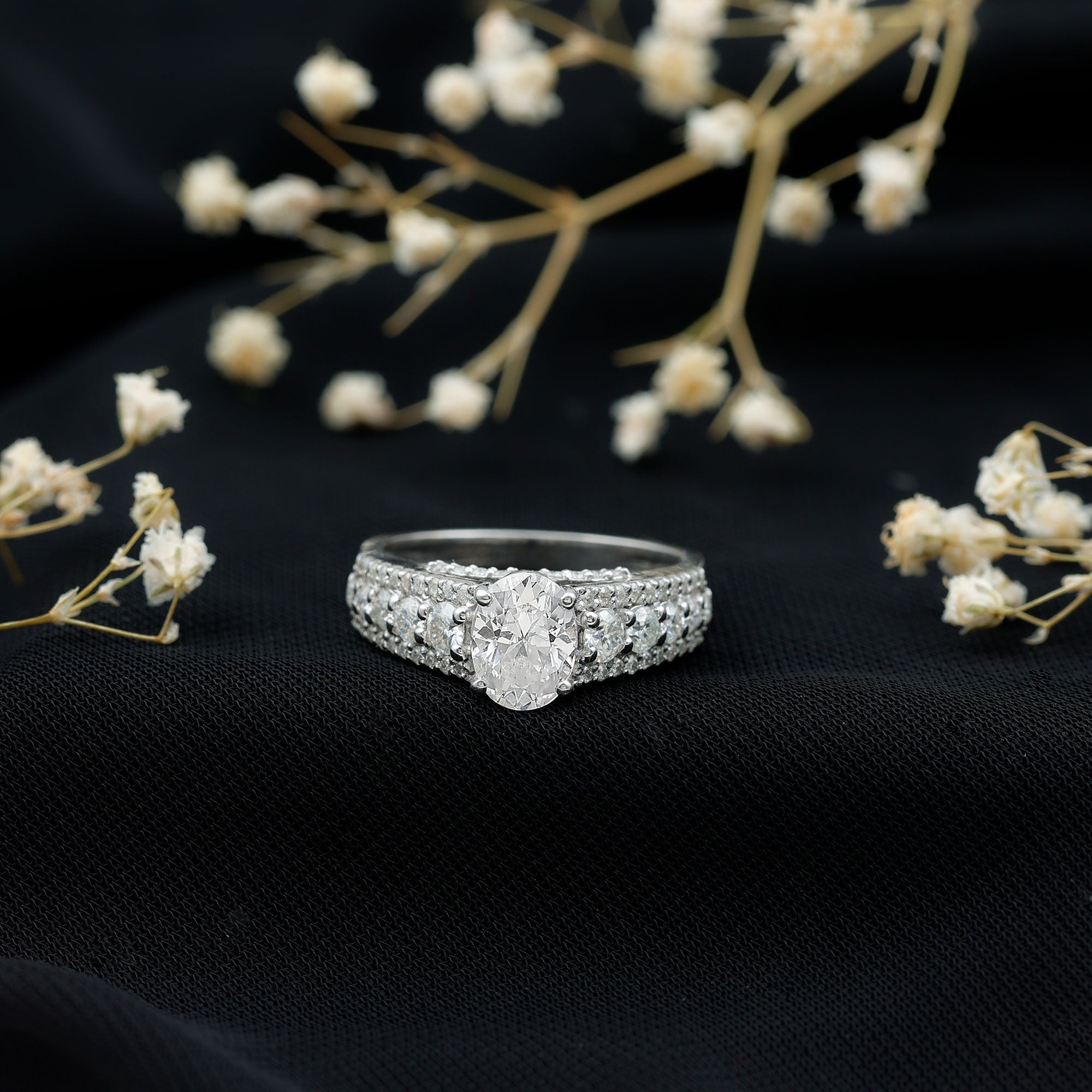 Certified Moissanite Oval Engagement Ring with Side Stones D-VS1 - Rosec Jewels