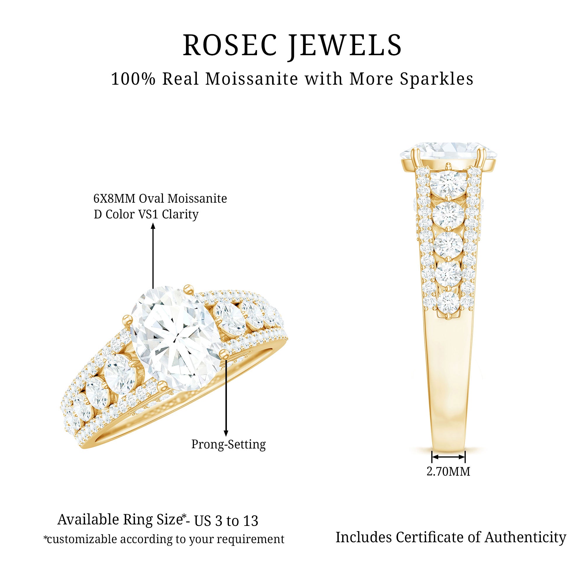 Certified Moissanite Oval Engagement Ring with Side Stones D-VS1 - Rosec Jewels