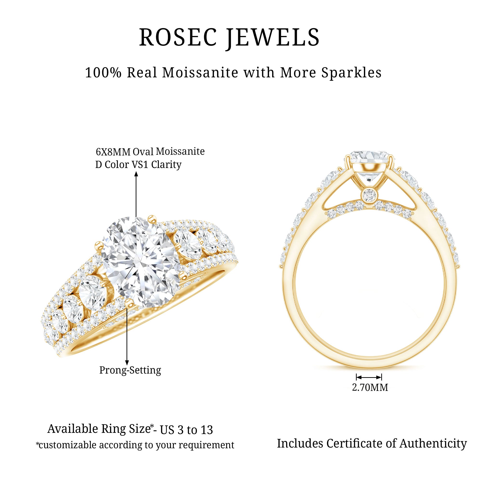 Certified Moissanite Oval Engagement Ring with Side Stones D-VS1 - Rosec Jewels