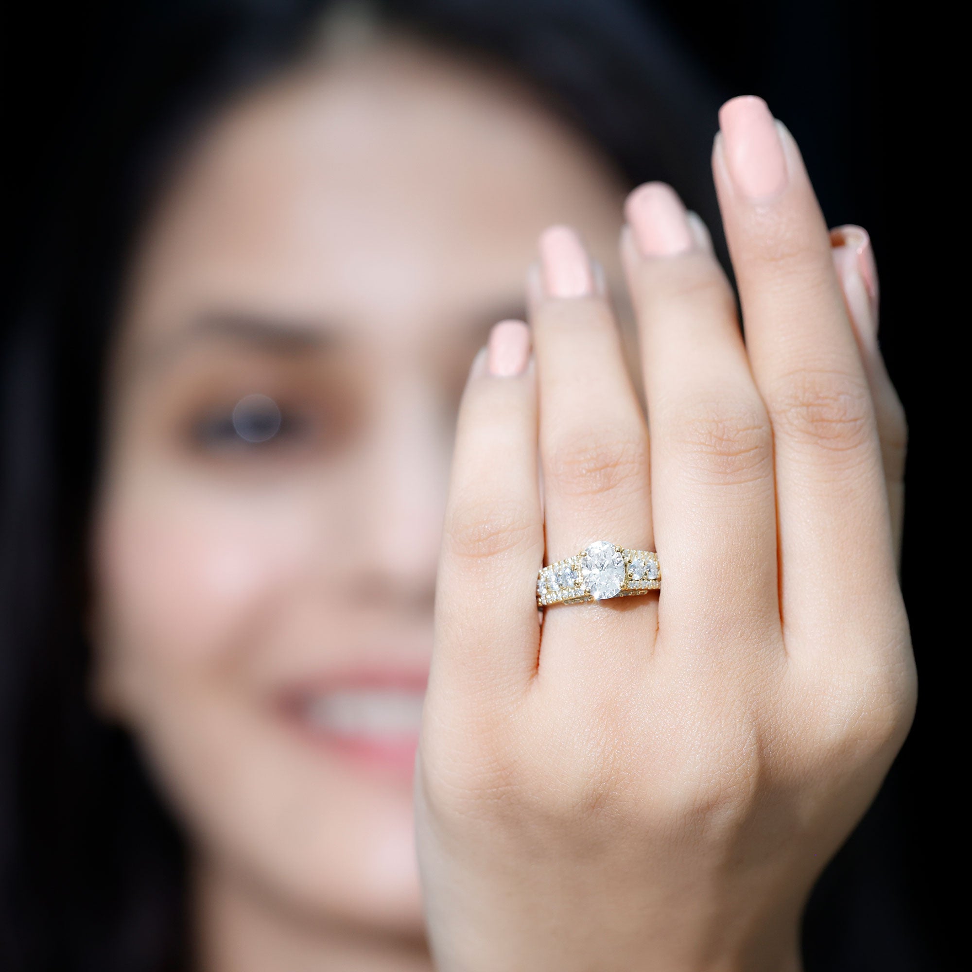 Certified Moissanite Oval Engagement Ring with Side Stones D-VS1 - Rosec Jewels