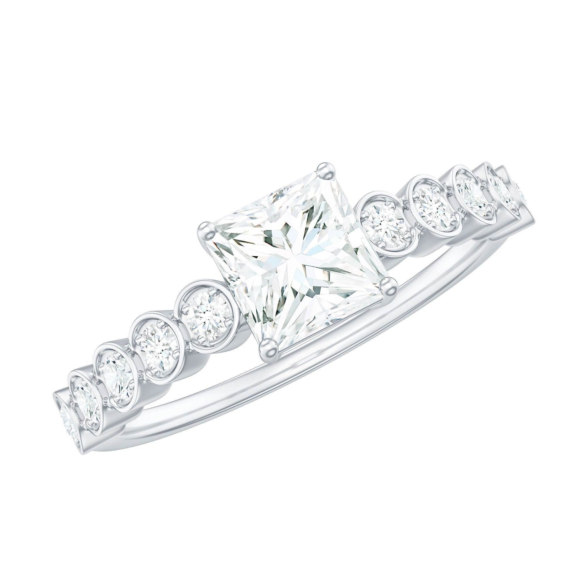 Square Cut Moissanite Engagement Ring with Side Stones D-VS1 - Rosec Jewels