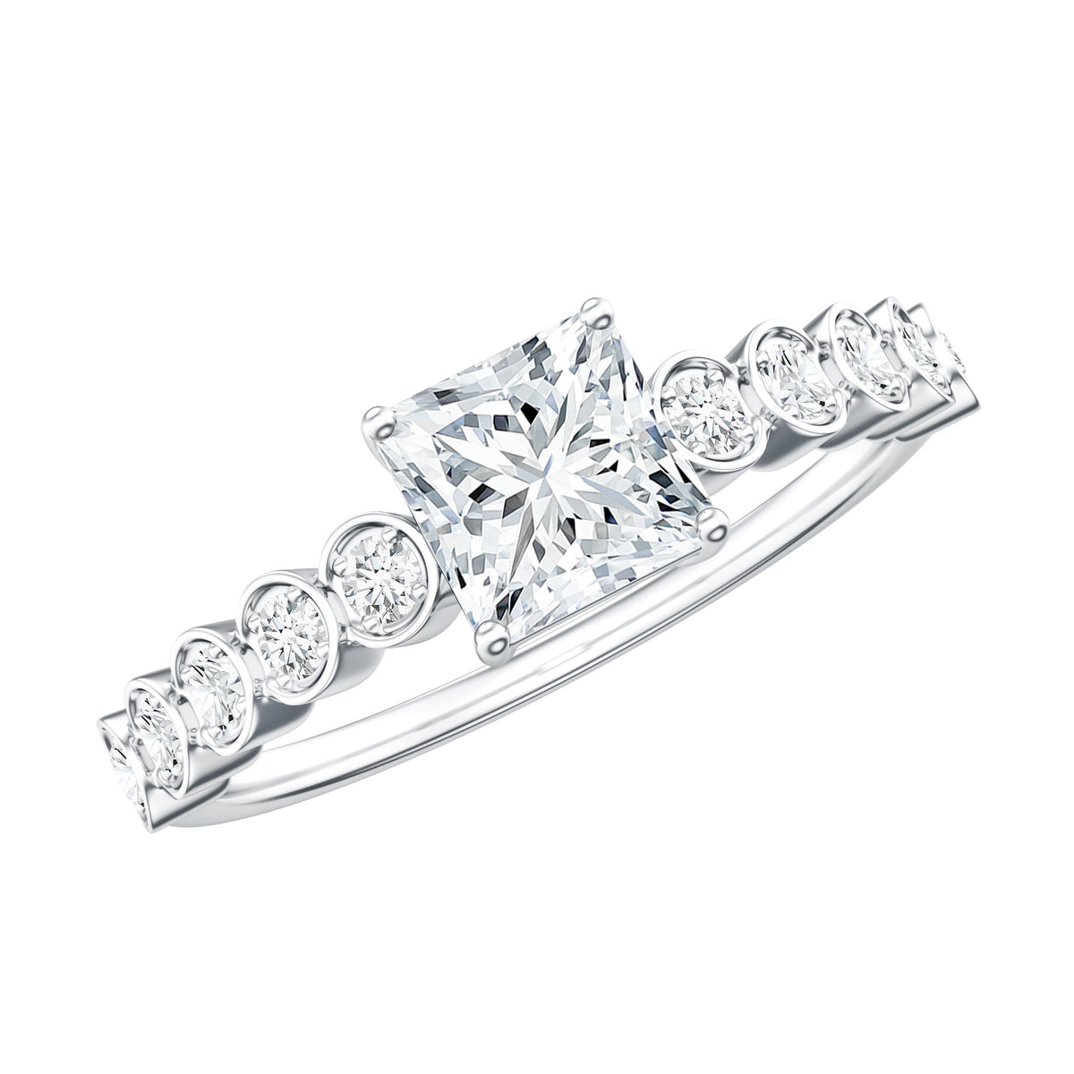 Square Cut Moissanite Engagement Ring with Side Stones D-VS1 - Rosec Jewels