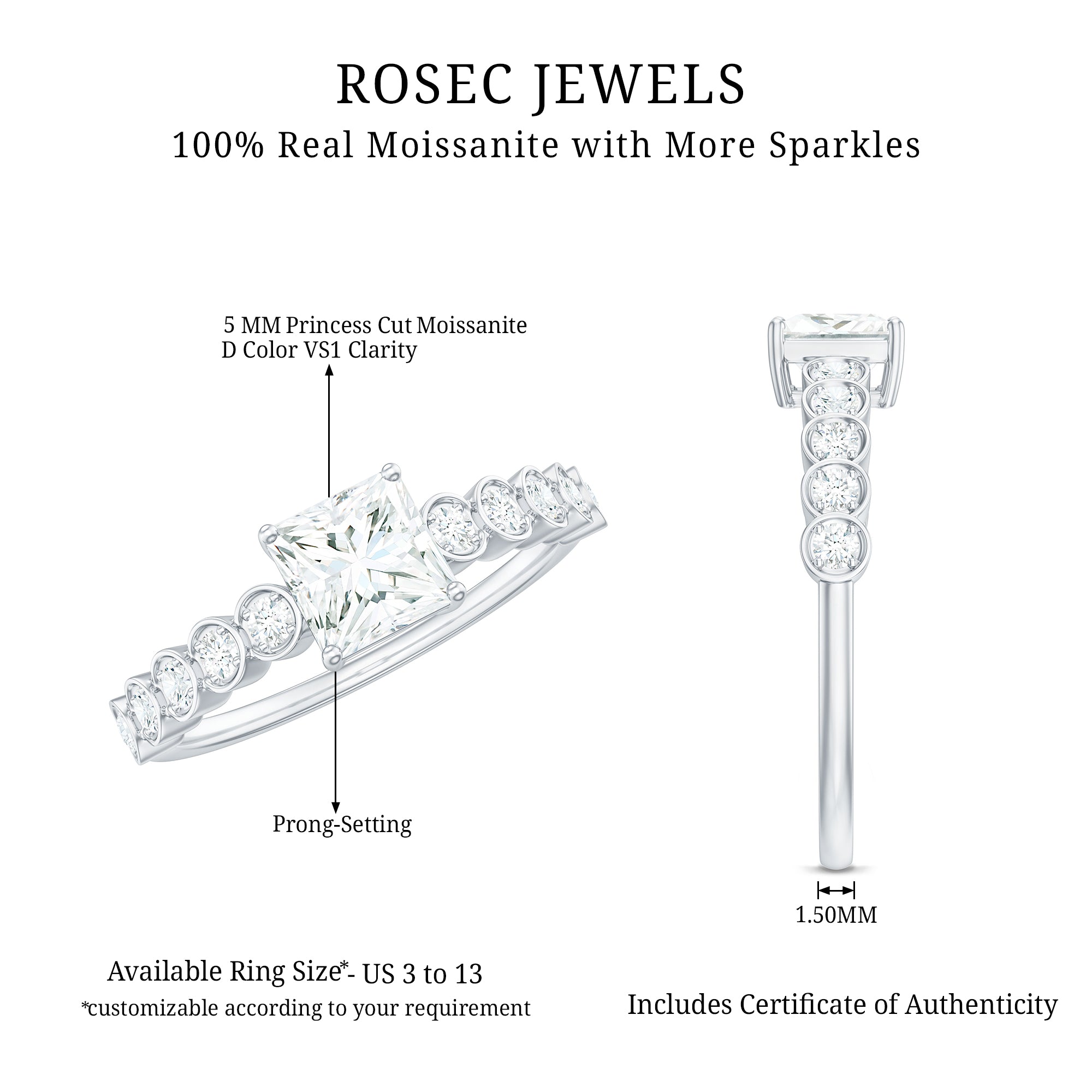 Square Cut Moissanite Engagement Ring with Side Stones D-VS1 - Rosec Jewels