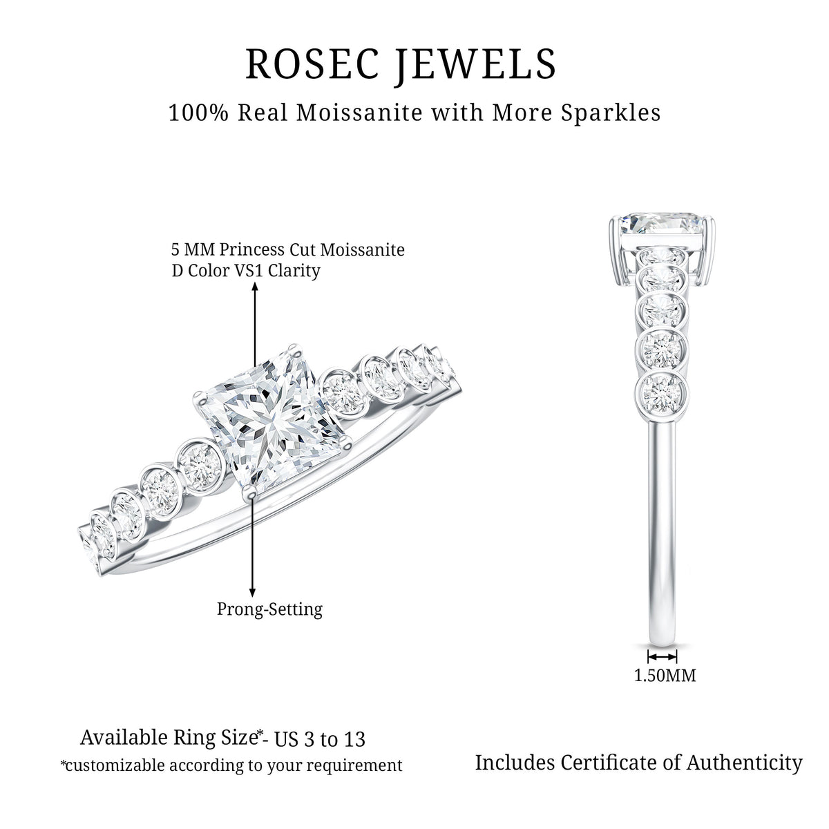Square Cut Moissanite Engagement Ring with Side Stones D-VS1 - Rosec Jewels