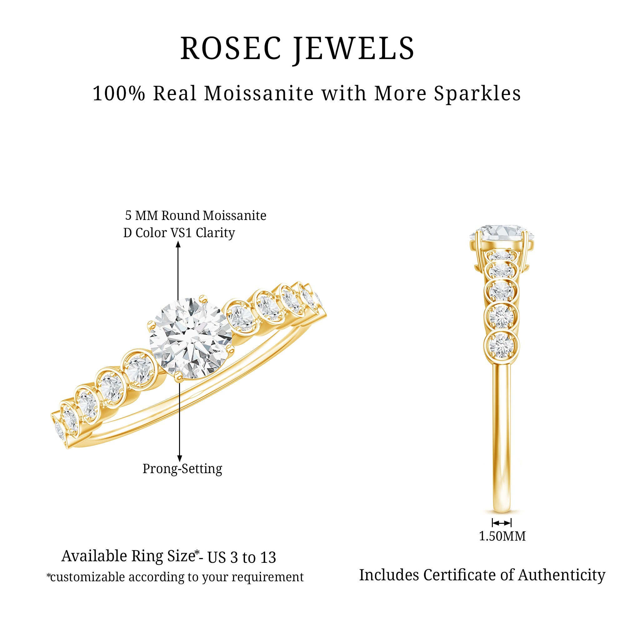 Certified 5 MM Round Moissanite Engagement Ring with Side Stones D-VS1 - Rosec Jewels