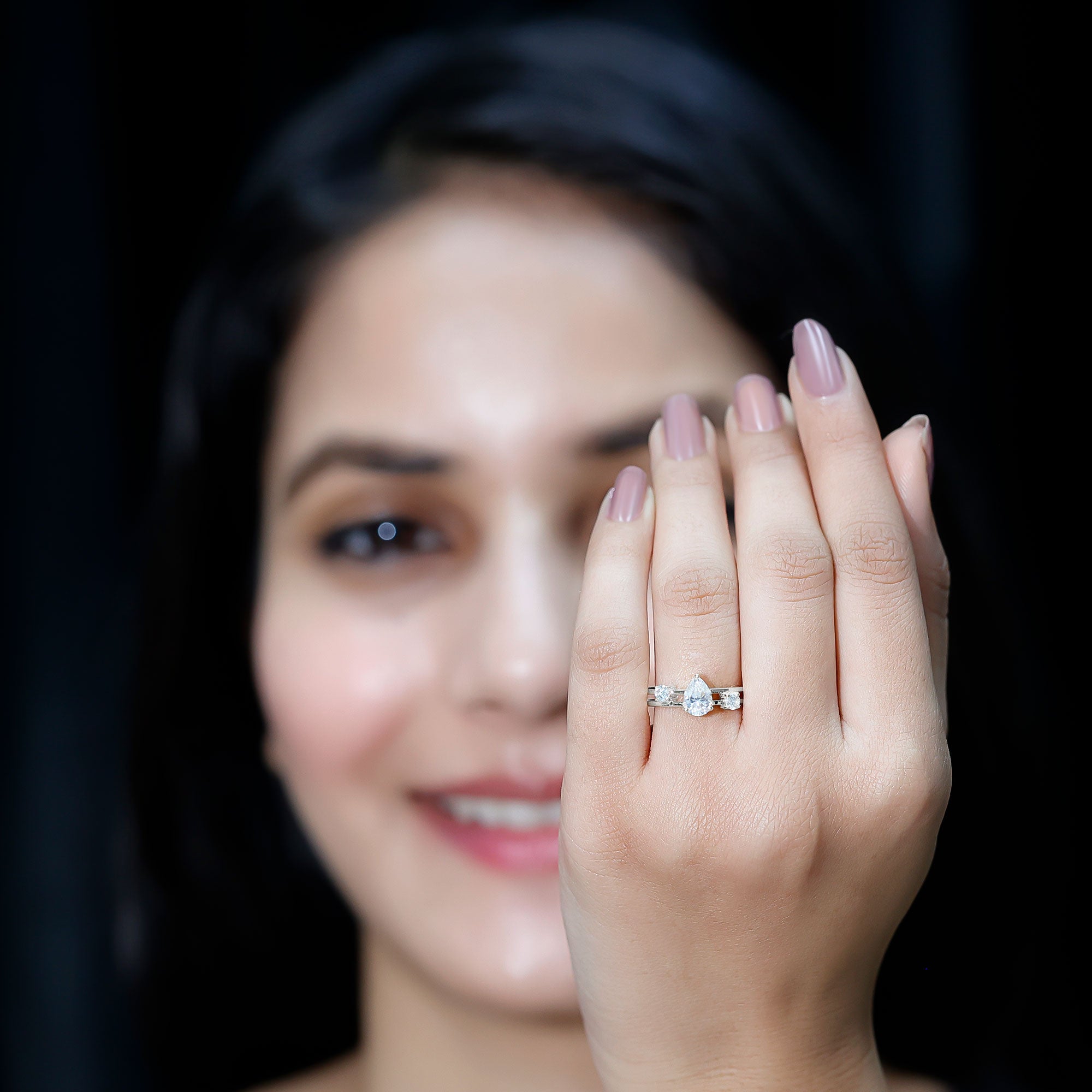Pear Cut Moissanite Engagement Ring with Double Band D-VS1 - Rosec Jewels