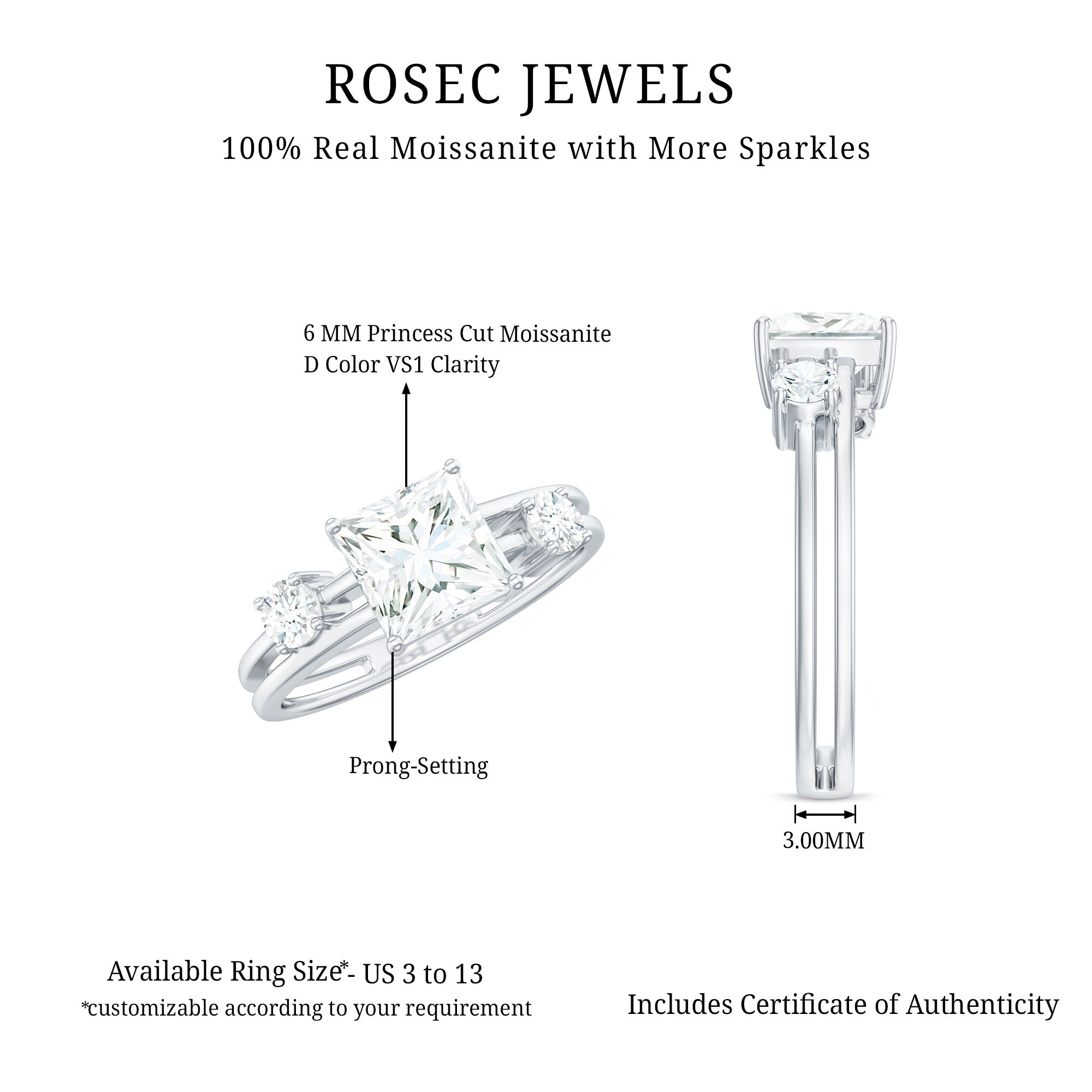 Princess Cut Moissanite Engagement Ring with Double Band D-VS1 - Rosec Jewels