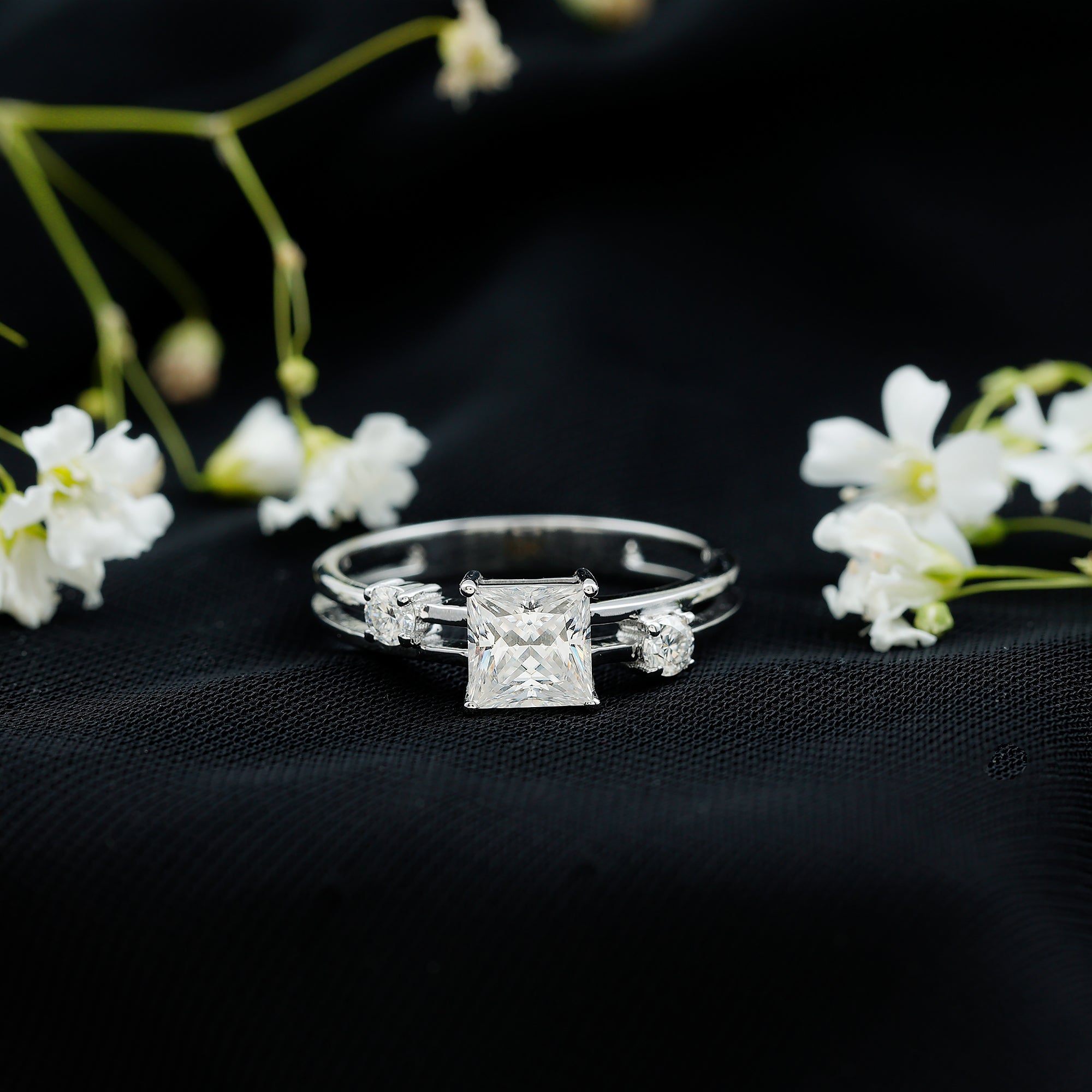 Princess Cut Moissanite Engagement Ring with Double Band D-VS1 - Rosec Jewels
