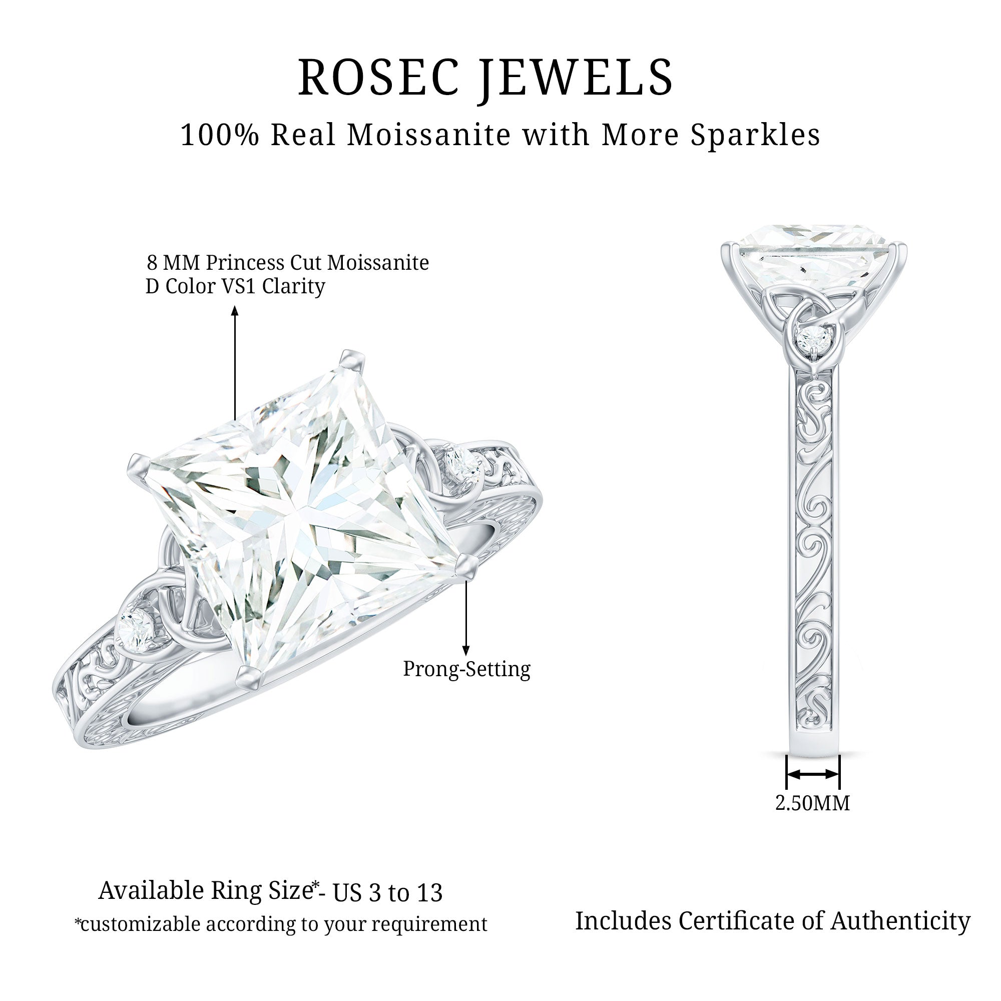Antique Style 3 Carat Princess Cut Moissanite Celtic Knot Engagement Ring D-VS1 - Rosec Jewels
