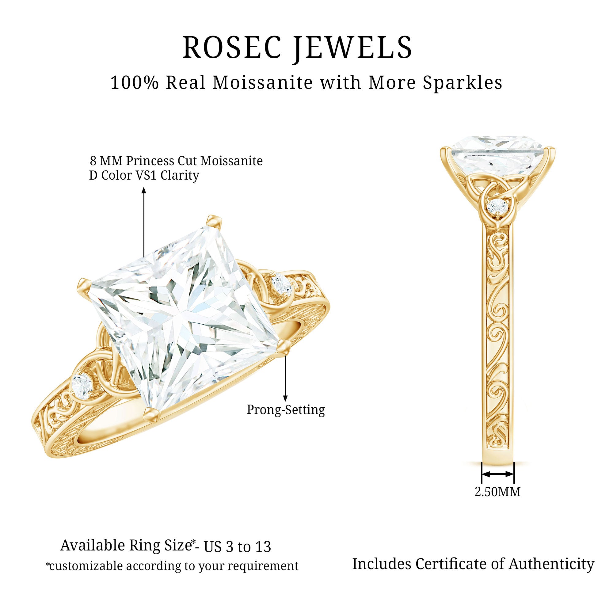 Antique Style 3 Carat Princess Cut Moissanite Celtic Knot Engagement Ring D-VS1 - Rosec Jewels