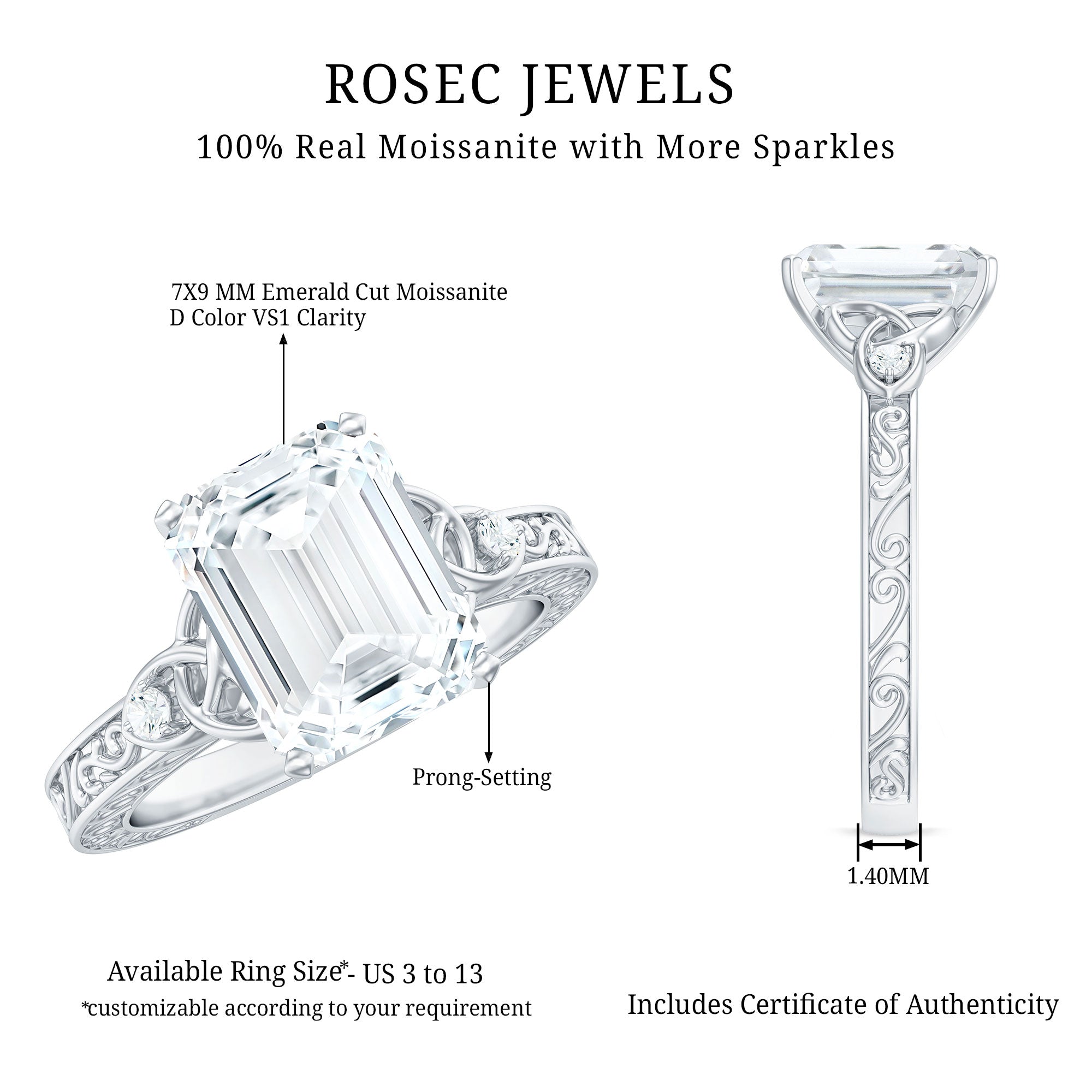 7X9 mm Emerald Cut Moissanite Solitaire Celtic Ring with Engraved Shank D-VS1 - Rosec Jewels