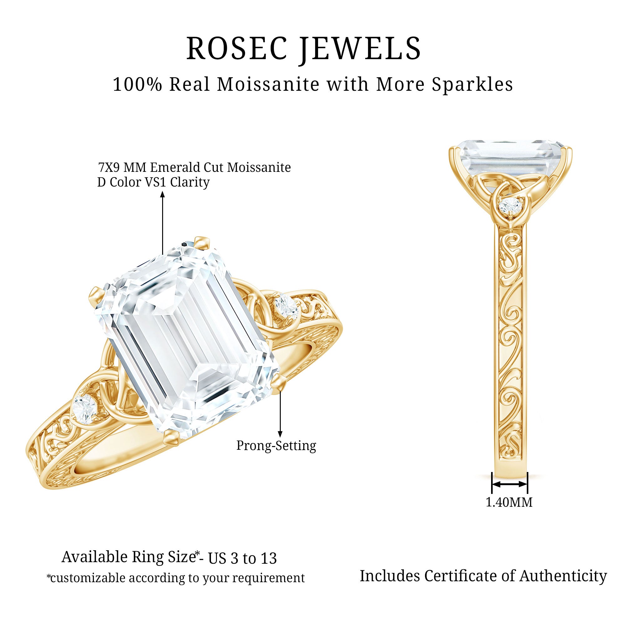 7X9 mm Emerald Cut Moissanite Solitaire Celtic Ring with Engraved Shank D-VS1 - Rosec Jewels