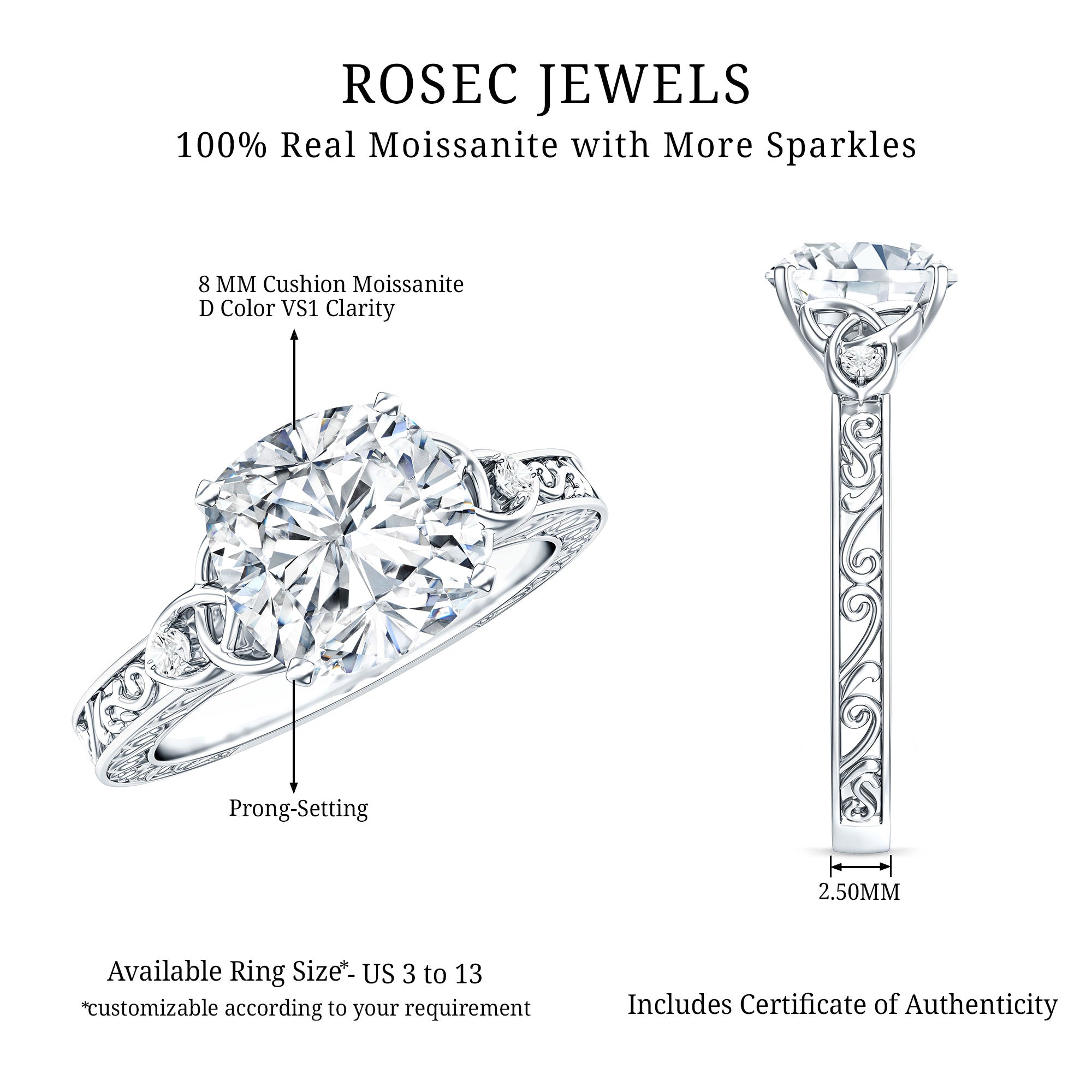 Cushion Cut Moissanite Antique Style Engagement Ring D-VS1 - Rosec Jewels