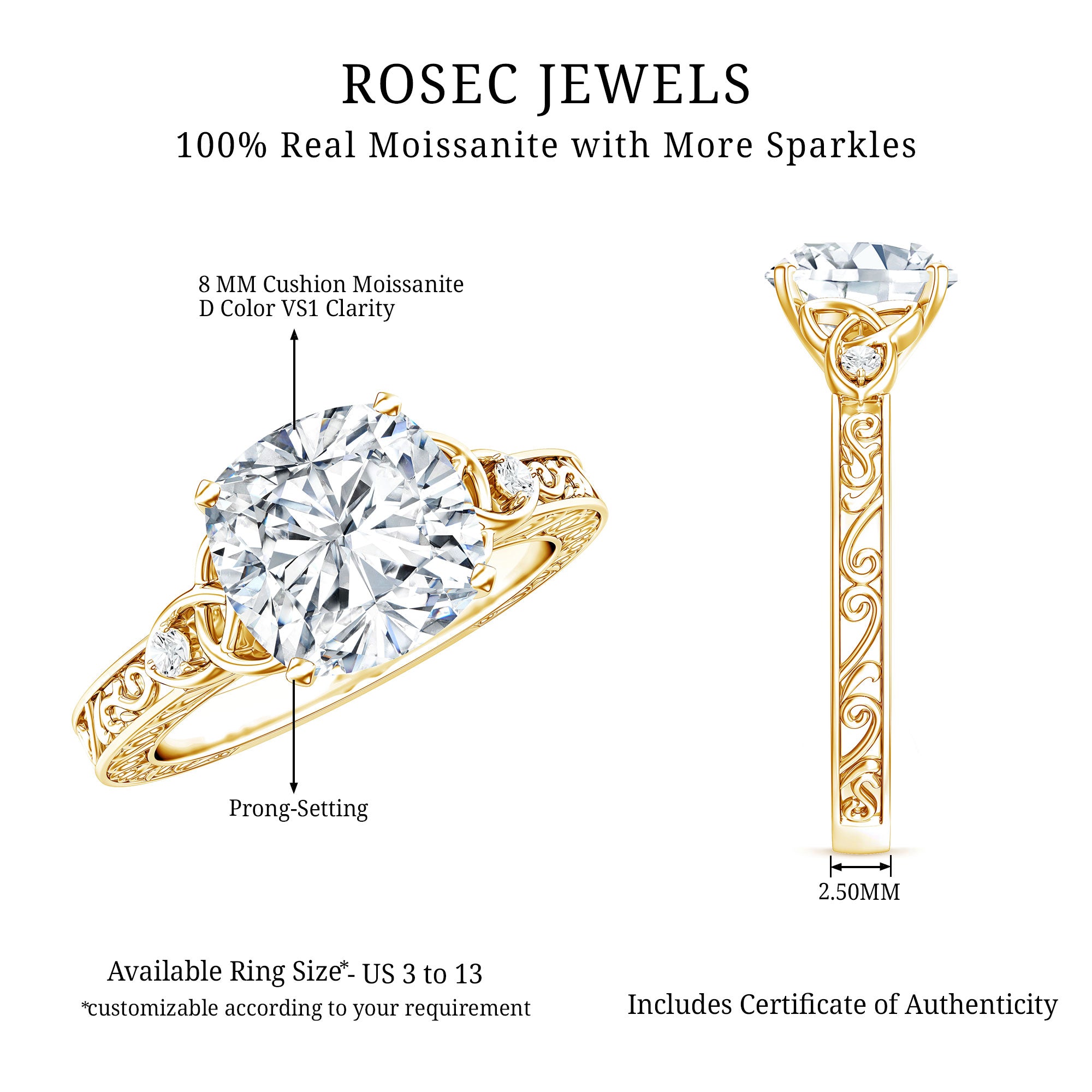 Cushion Cut Moissanite Antique Style Engagement Ring D-VS1 - Rosec Jewels