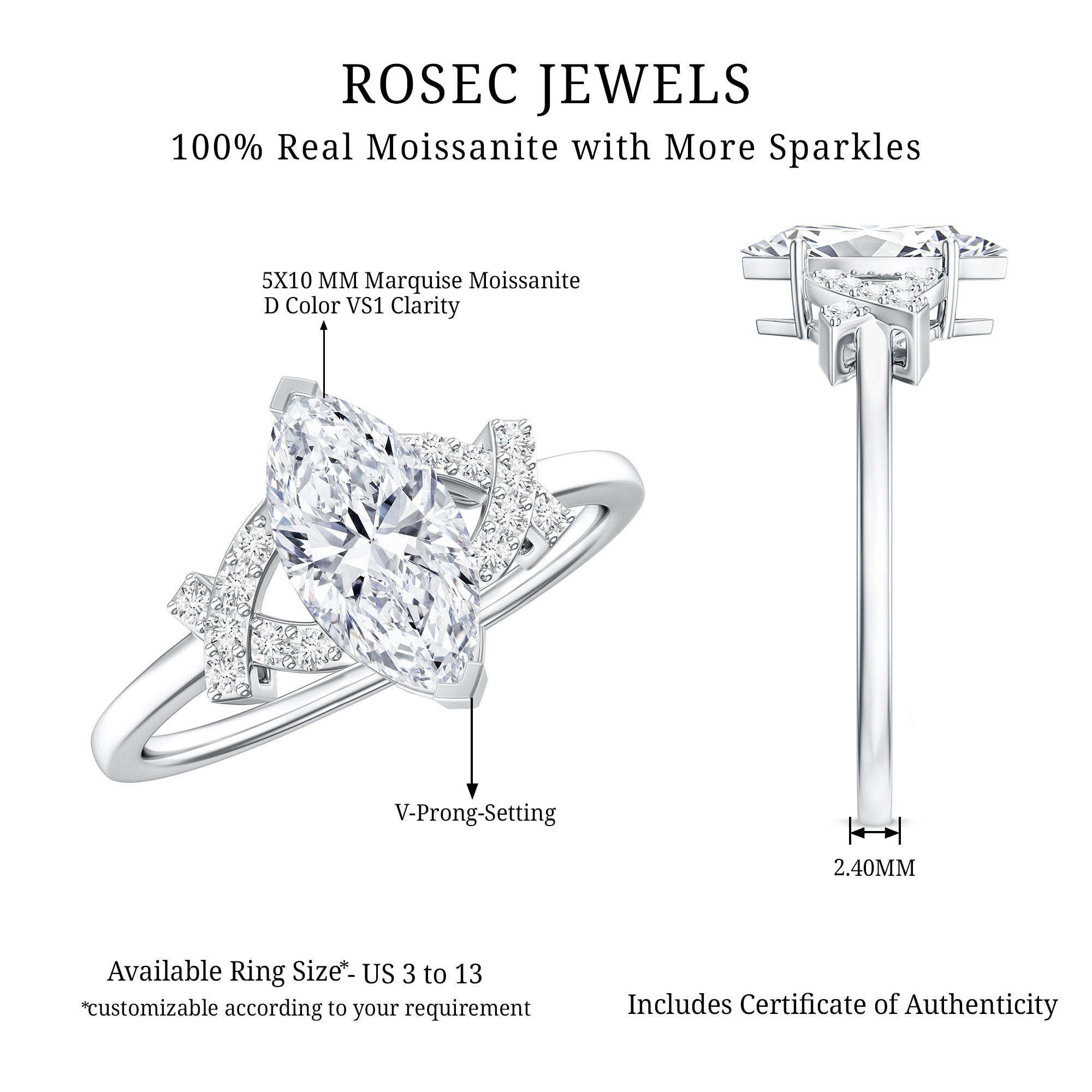 5X10 MM Moissanite Marquise Engagement Ring in Split Shank D-VS1 - Rosec Jewels