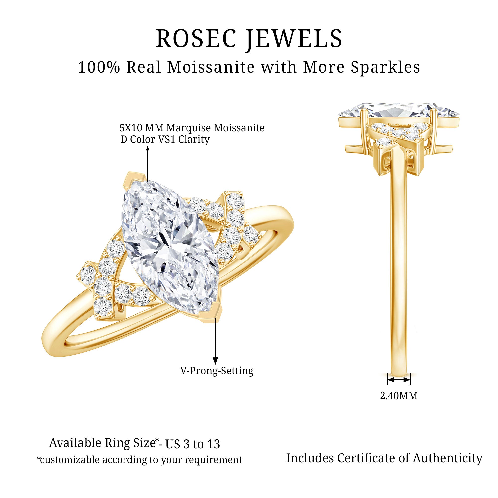 5X10 MM Moissanite Marquise Engagement Ring in Split Shank D-VS1 - Rosec Jewels