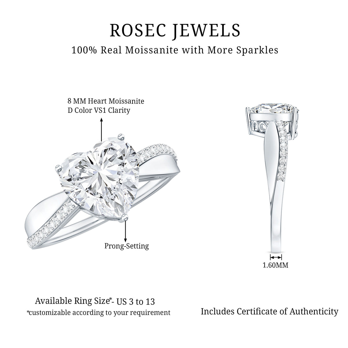 Heart Shape Moissanite Solitaire Engagement Ring for Her D-VS1 - Rosec Jewels