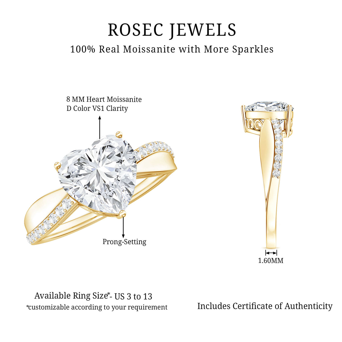 Heart Shape Moissanite Solitaire Engagement Ring for Her D-VS1 - Rosec Jewels