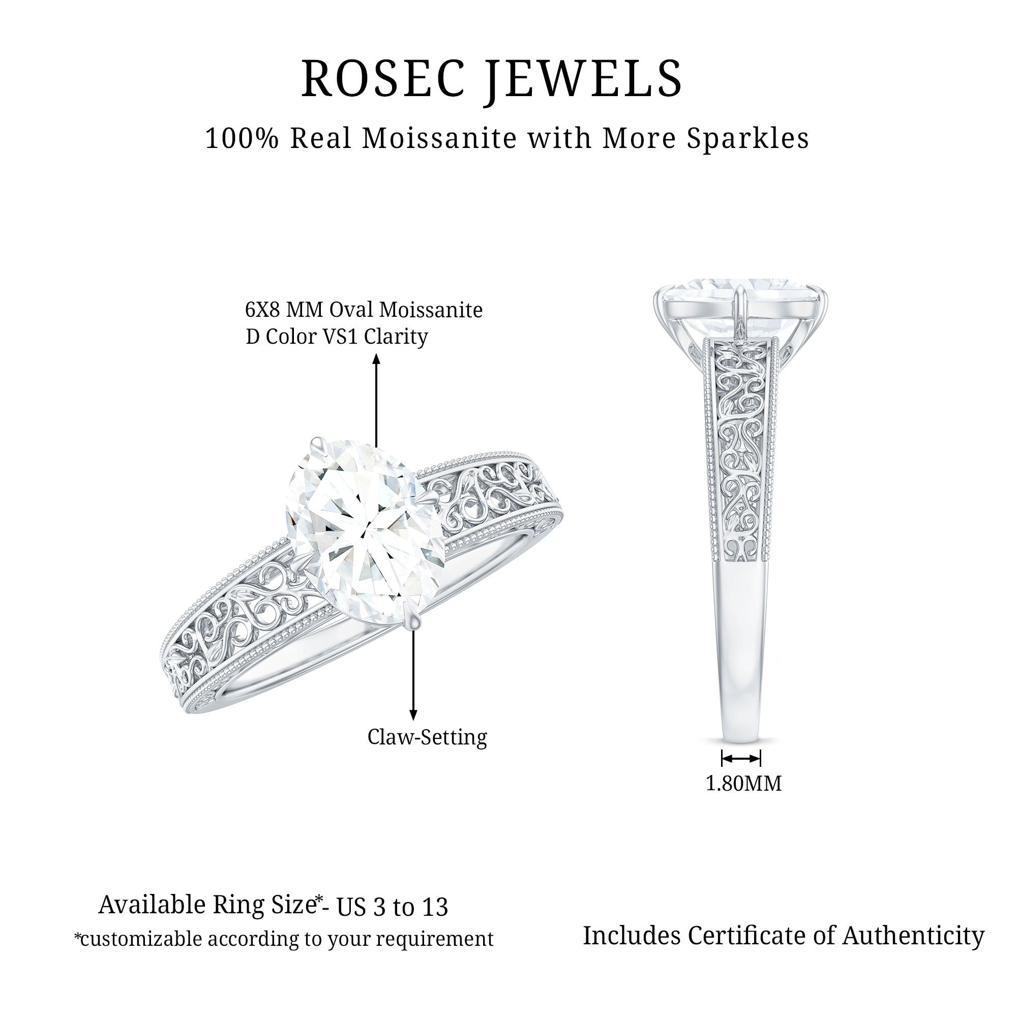 6X8mm Moissanite Oblong Engagement Ring with Filigree Shank D-VS1 - Rosec Jewels