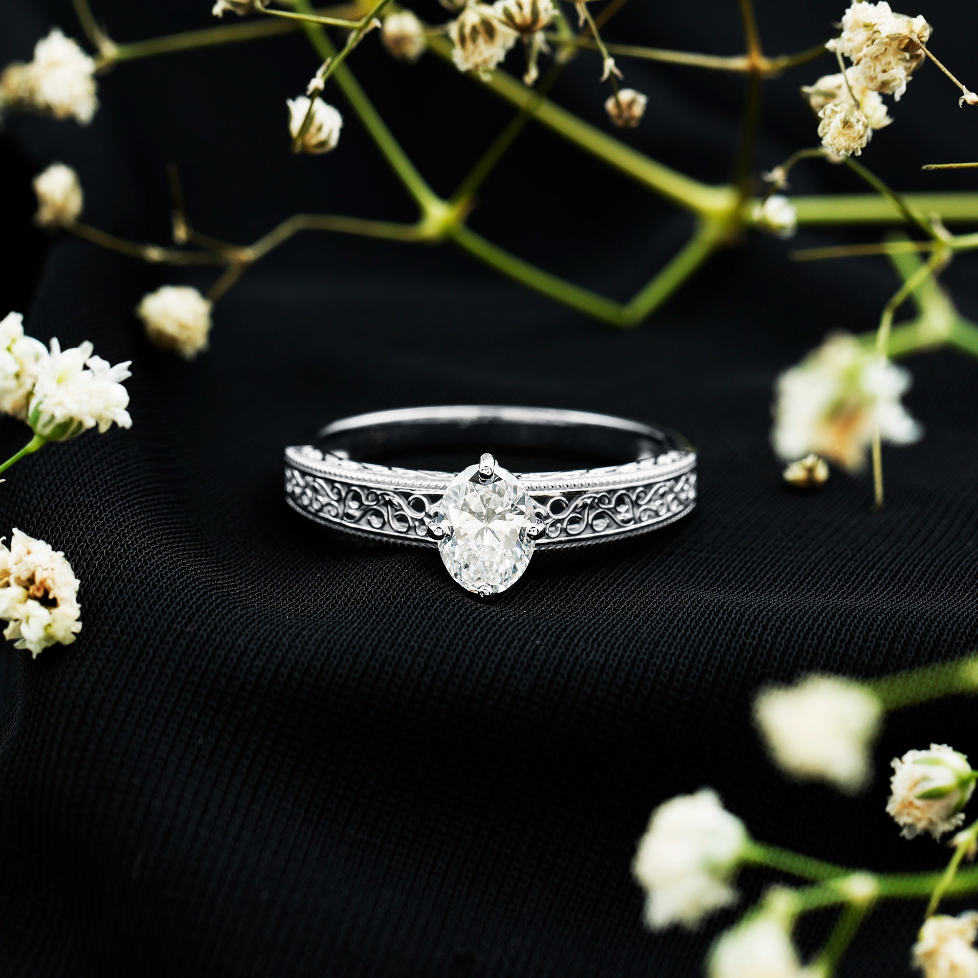 6X8mm Moissanite Oblong Engagement Ring with Filigree Shank D-VS1 - Rosec Jewels