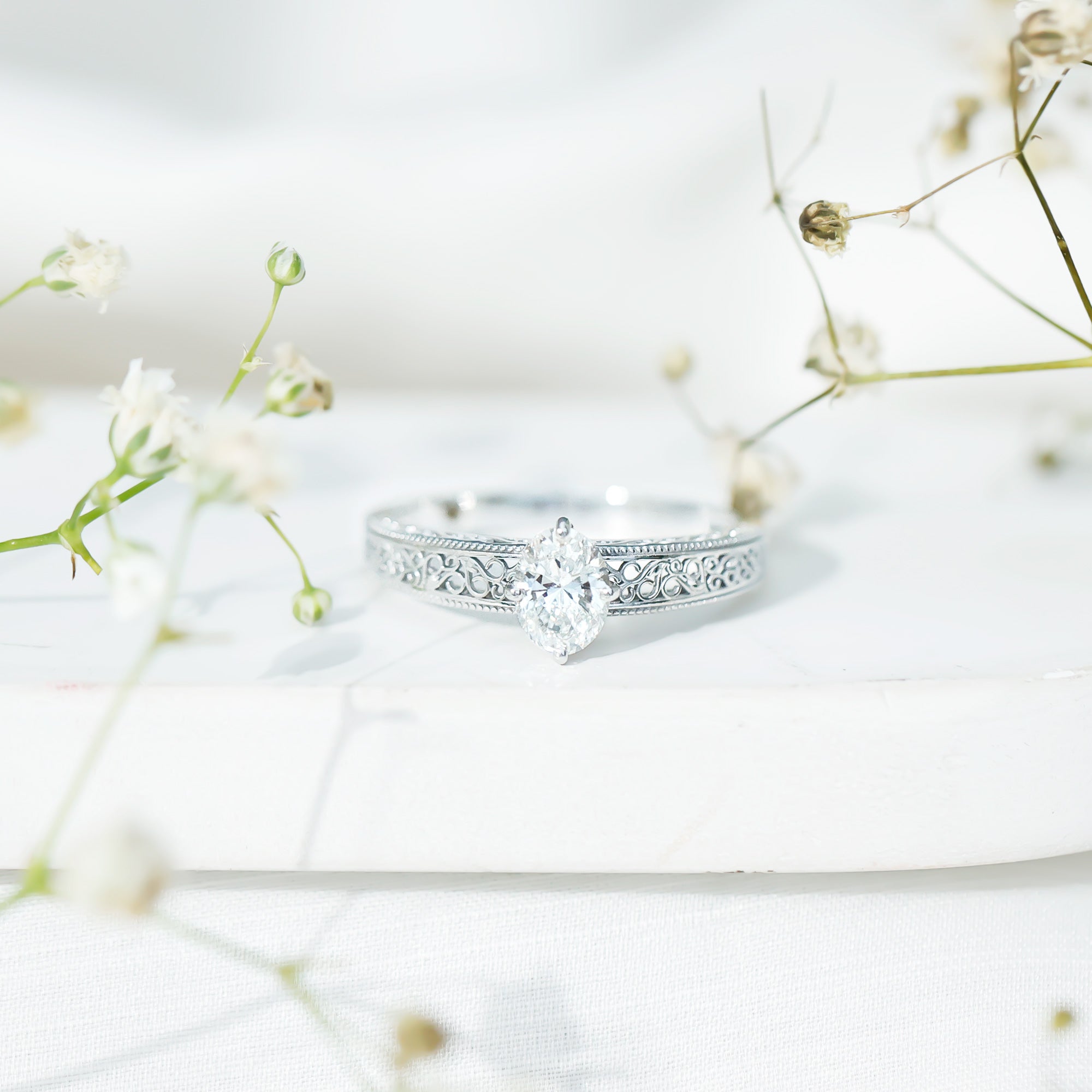 6X8mm Moissanite Oblong Engagement Ring with Filigree Shank D-VS1 - Rosec Jewels